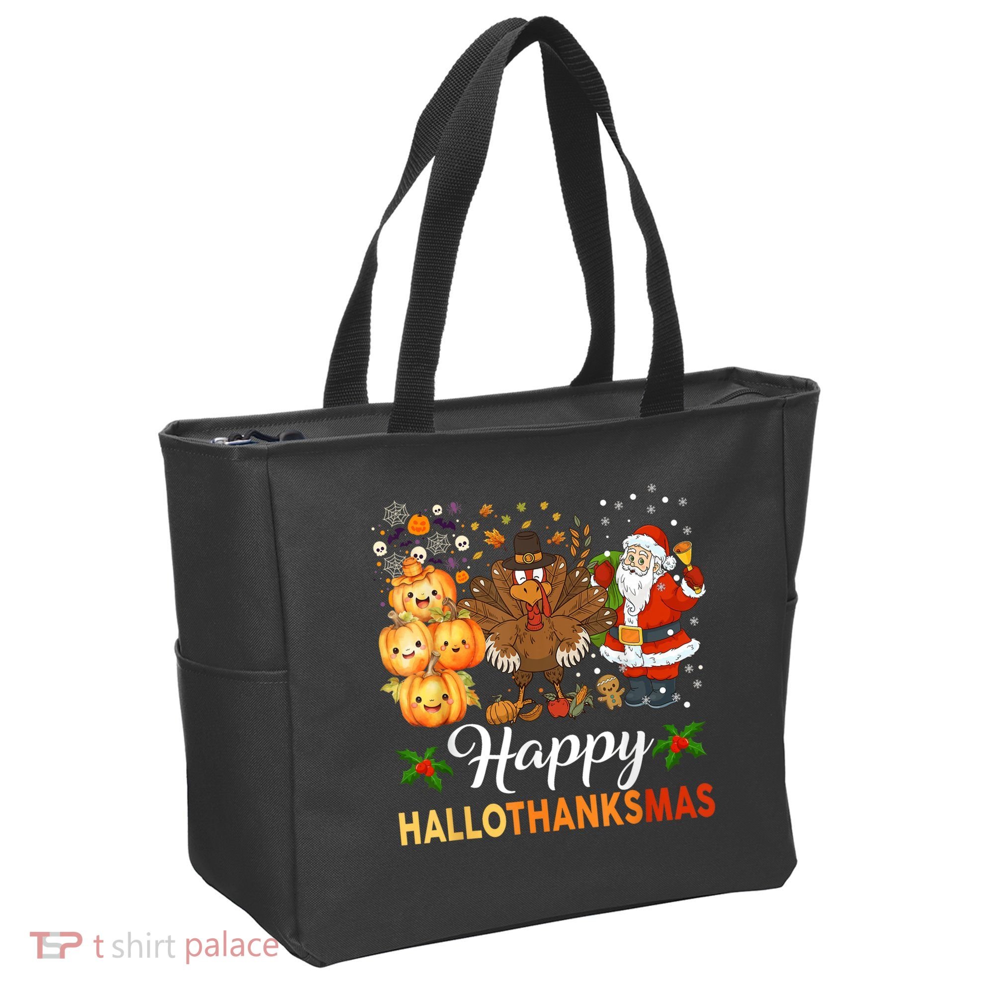 Happy Hallothanksmas Halloween Thanksgiving Christmas Funny Tote Bag