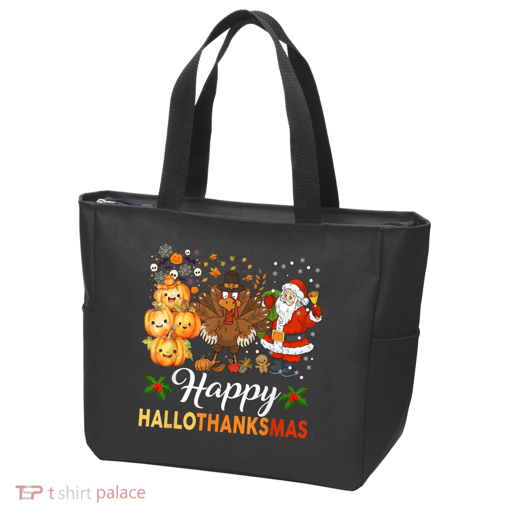 Happy Hallothanksmas Halloween Thanksgiving Christmas Funny Tote Bag
