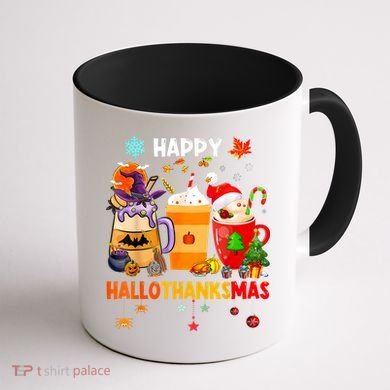 Happy Hallothanksmas Halloween Coffee Latte Thanksgiving Coffee Mug back