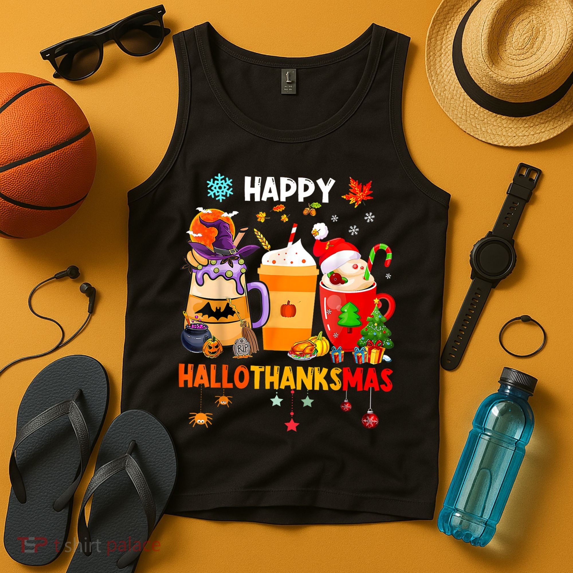Happy Hallothanksmas Halloween Coffee Latte Thanksgiving Tank Top