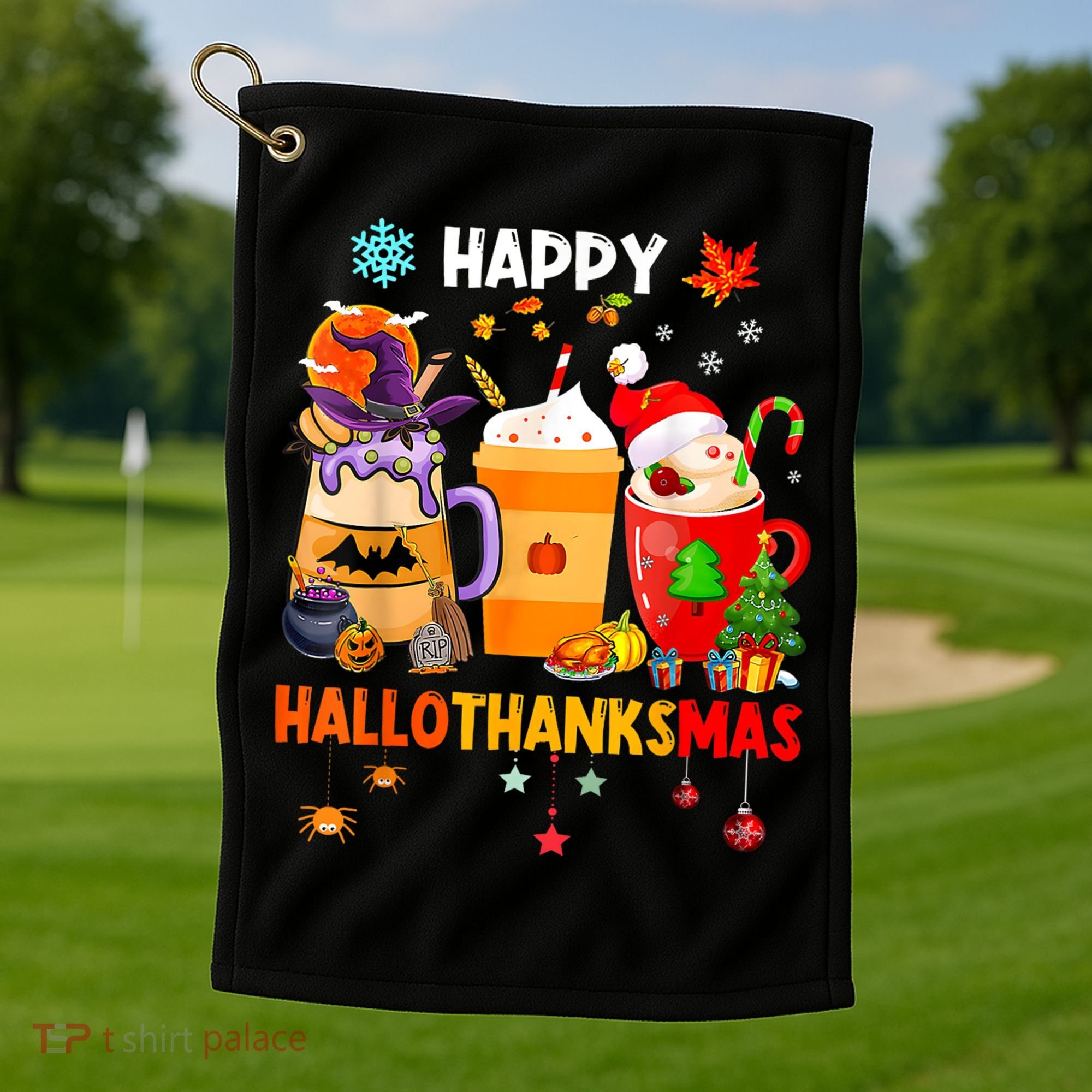 Happy Hallothanksmas Halloween Coffee Latte Thanksgiving Golf Towel