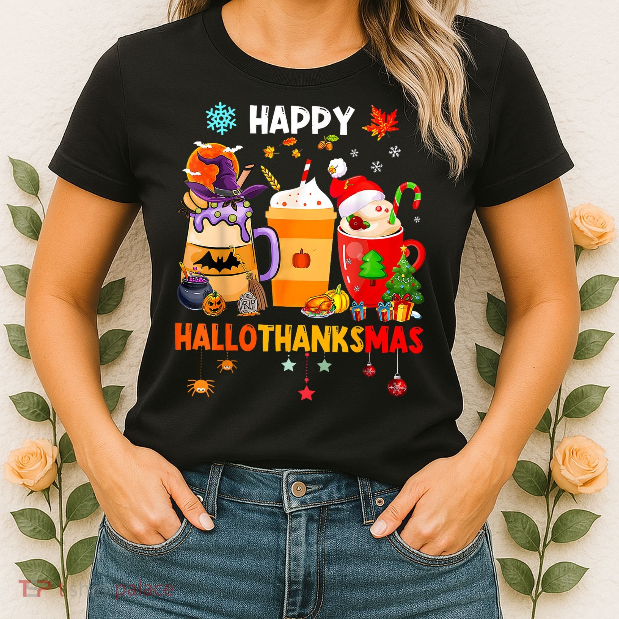 Happy Hallothanksmas Halloween Coffee Latte Thanksgiving Women's T-Shirt