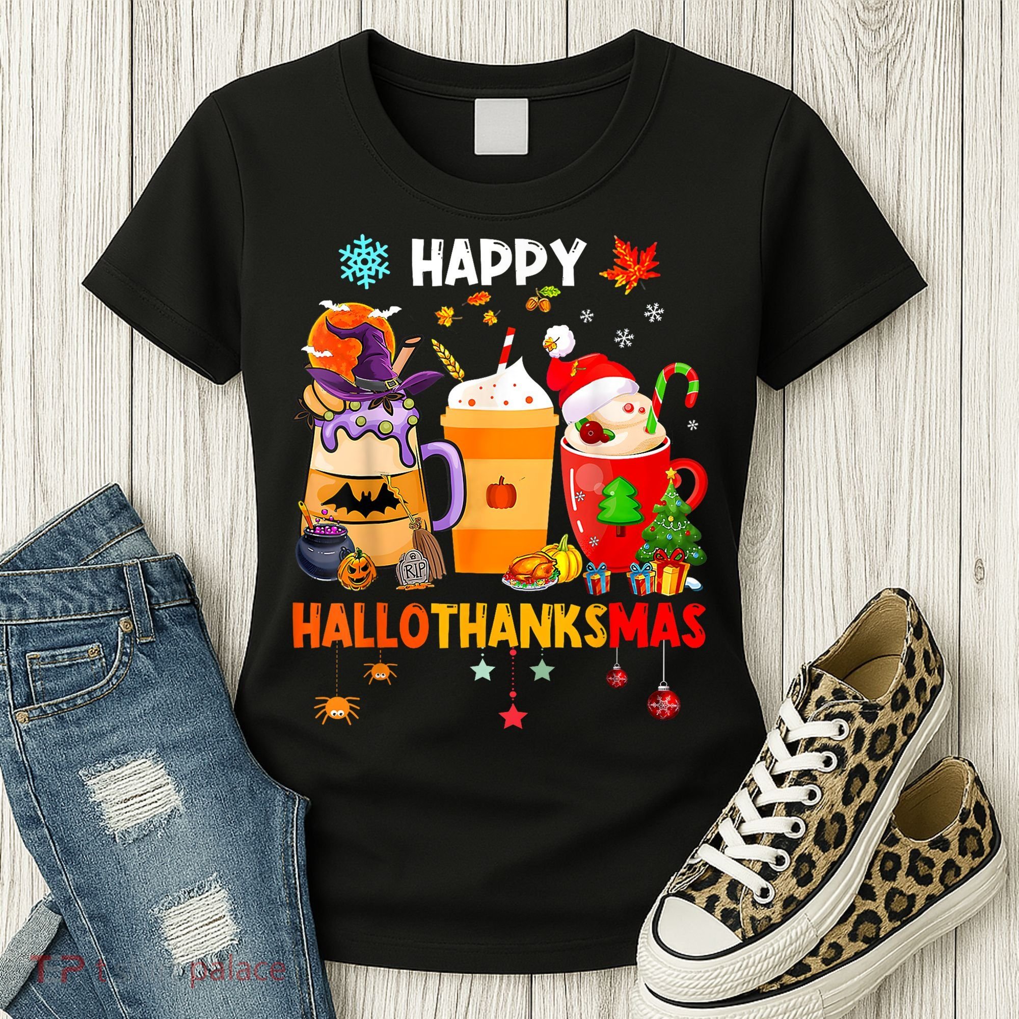 Happy Hallothanksmas Halloween Coffee Latte Thanksgiving Women's T-Shirt