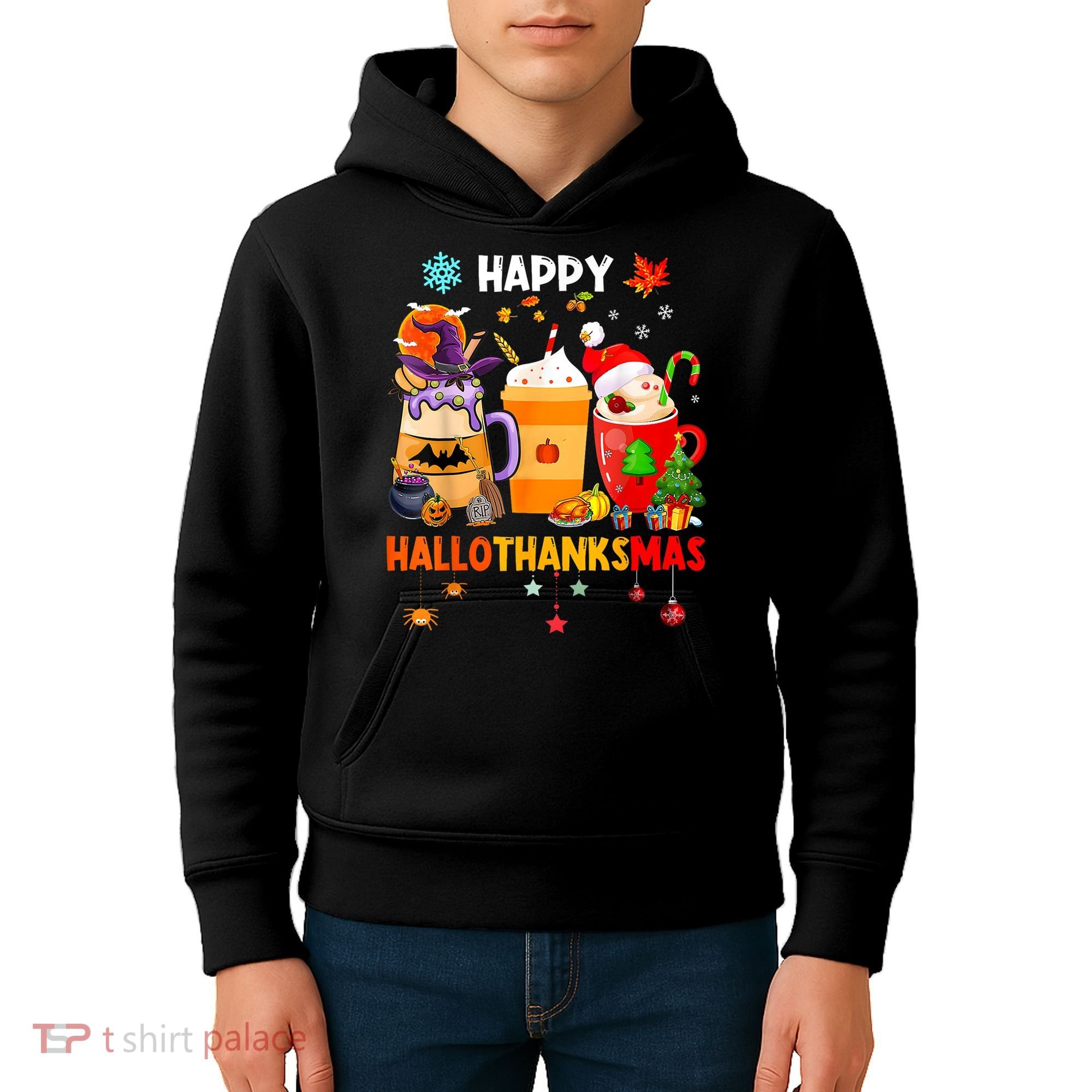 Happy Hallothanksmas Halloween Coffee Latte Thanksgiving Kids Hoodie