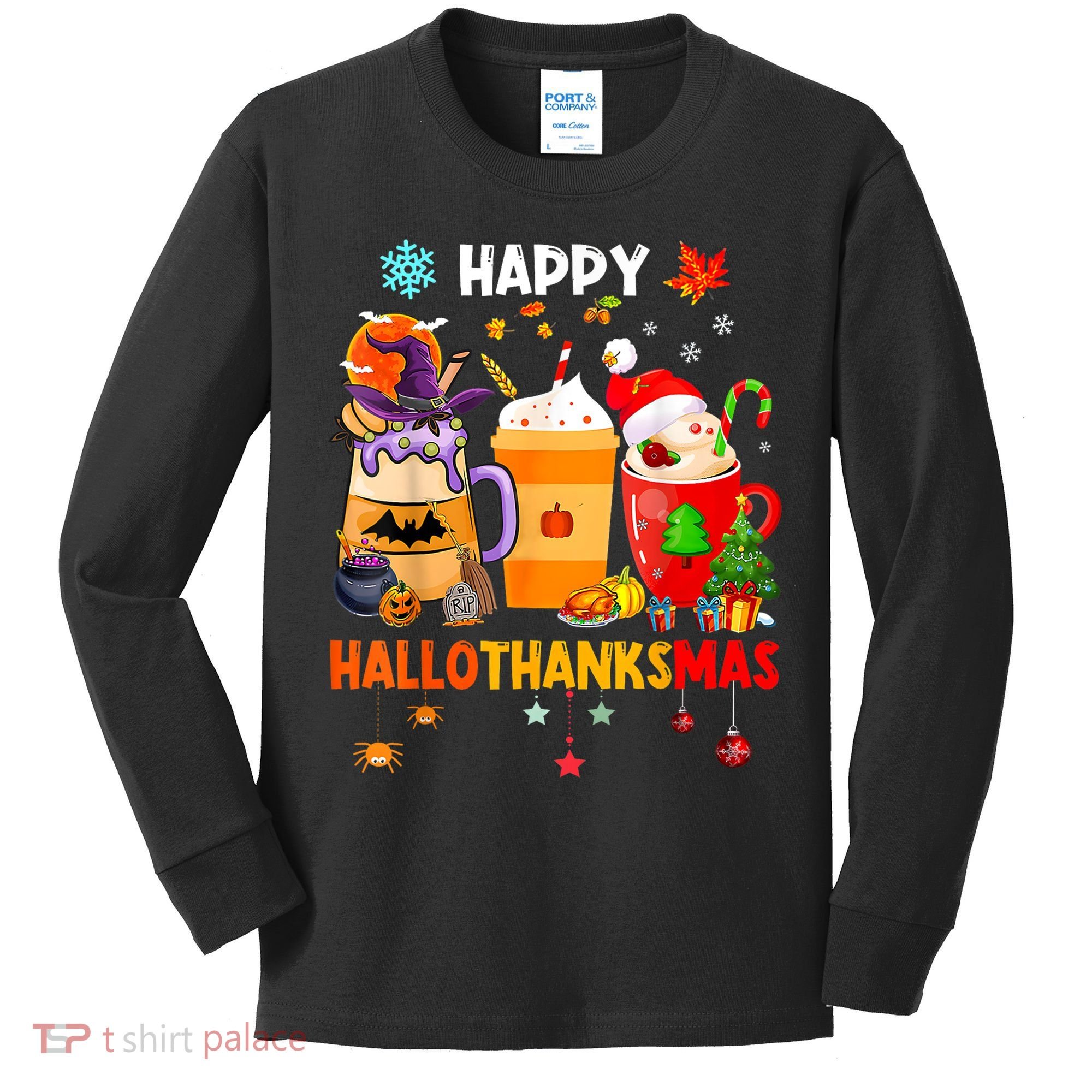 Happy Hallothanksmas Halloween Coffee Latte Thanksgiving Kids Long Sleeve Shirt