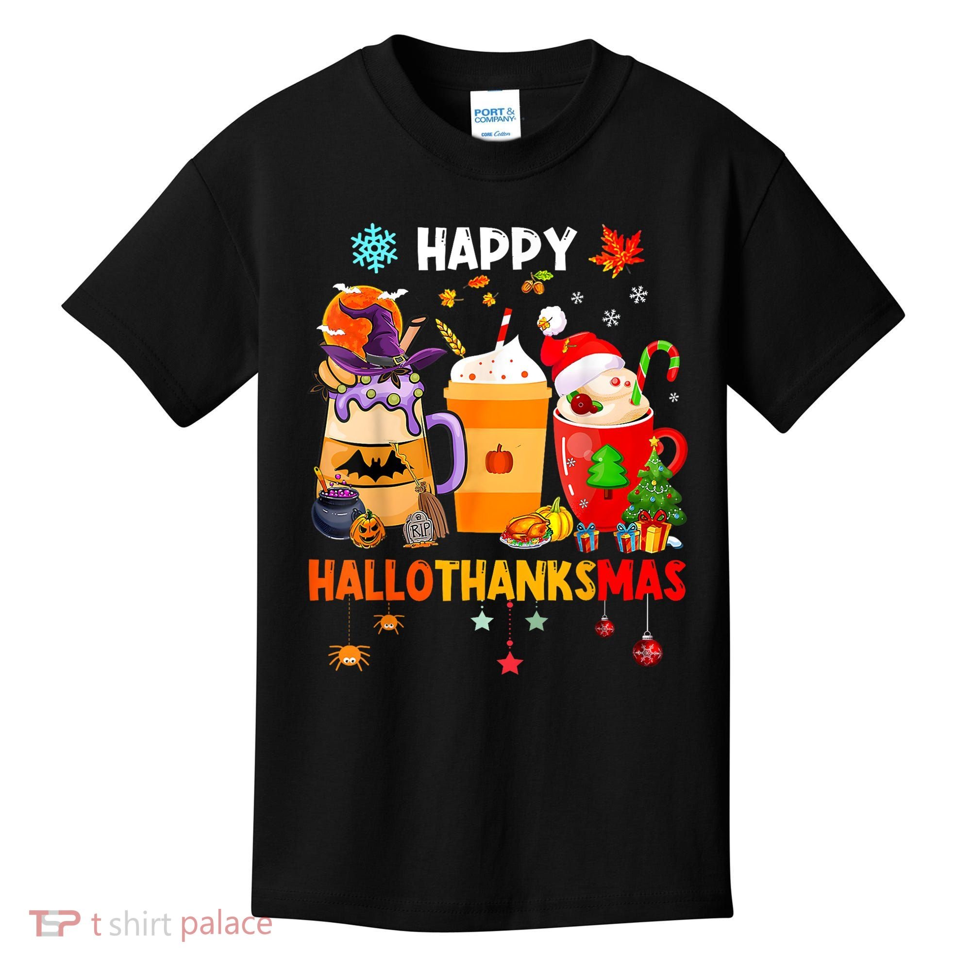 Happy Hallothanksmas Halloween Coffee Latte Thanksgiving Kids T-Shirt