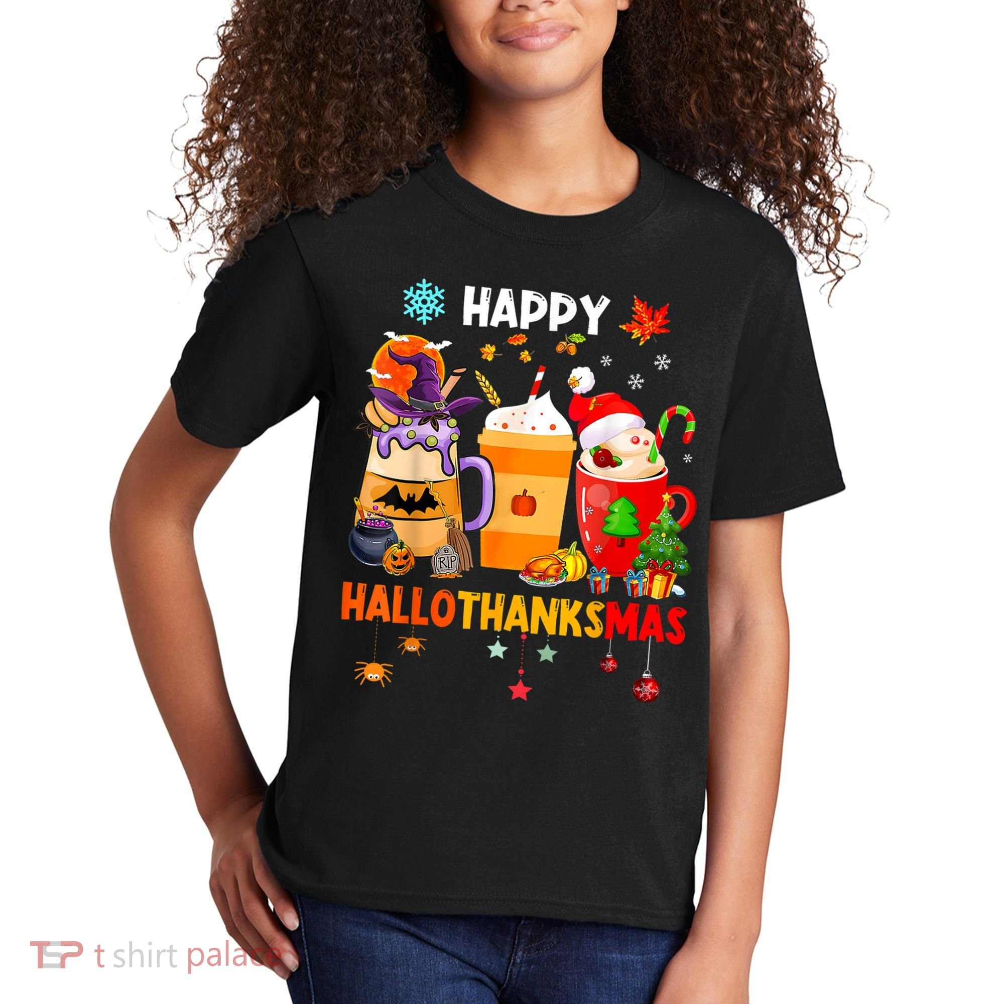 Happy Hallothanksmas Halloween Coffee Latte Thanksgiving Kids T-Shirt