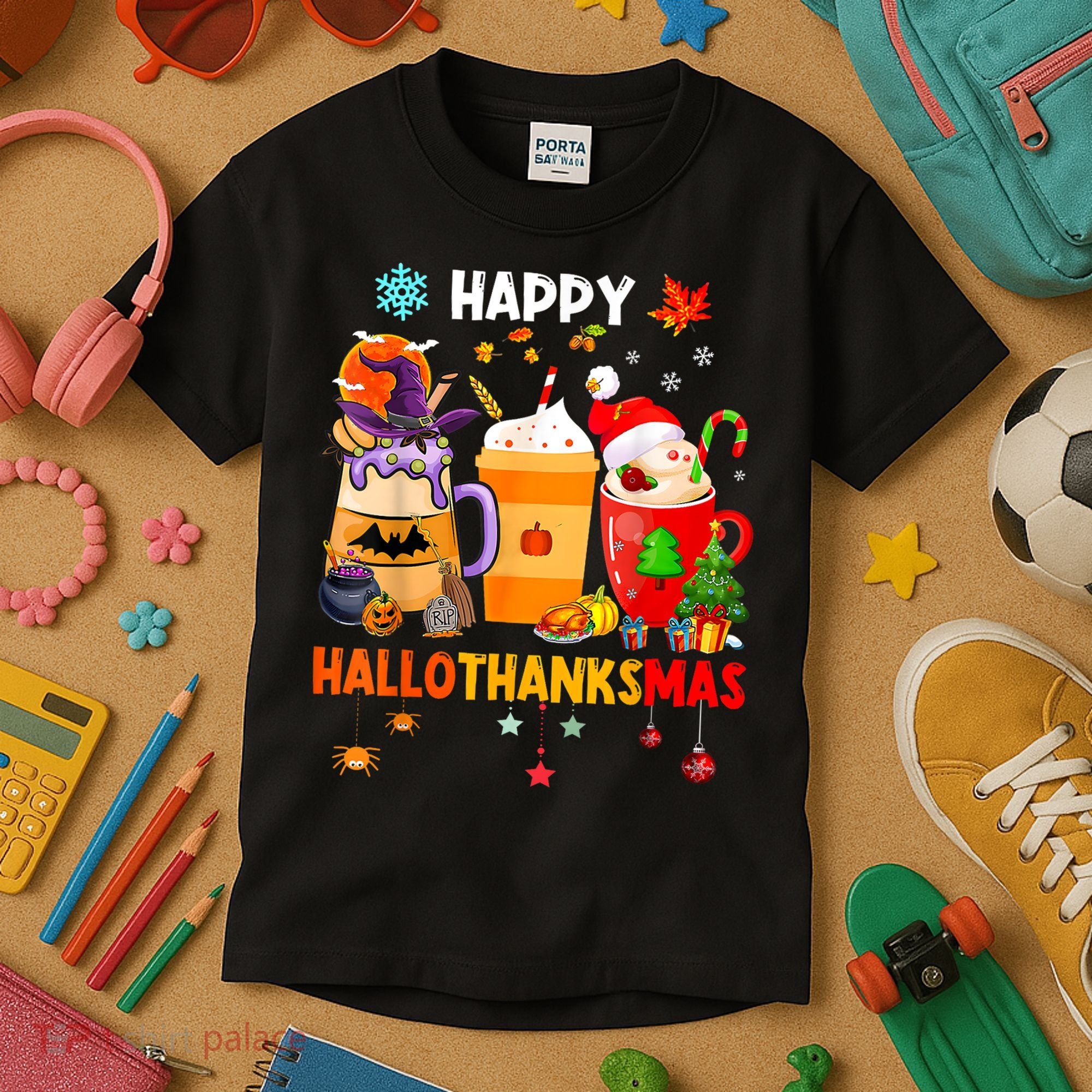 Happy Hallothanksmas Halloween Coffee Latte Thanksgiving Kids T-Shirt