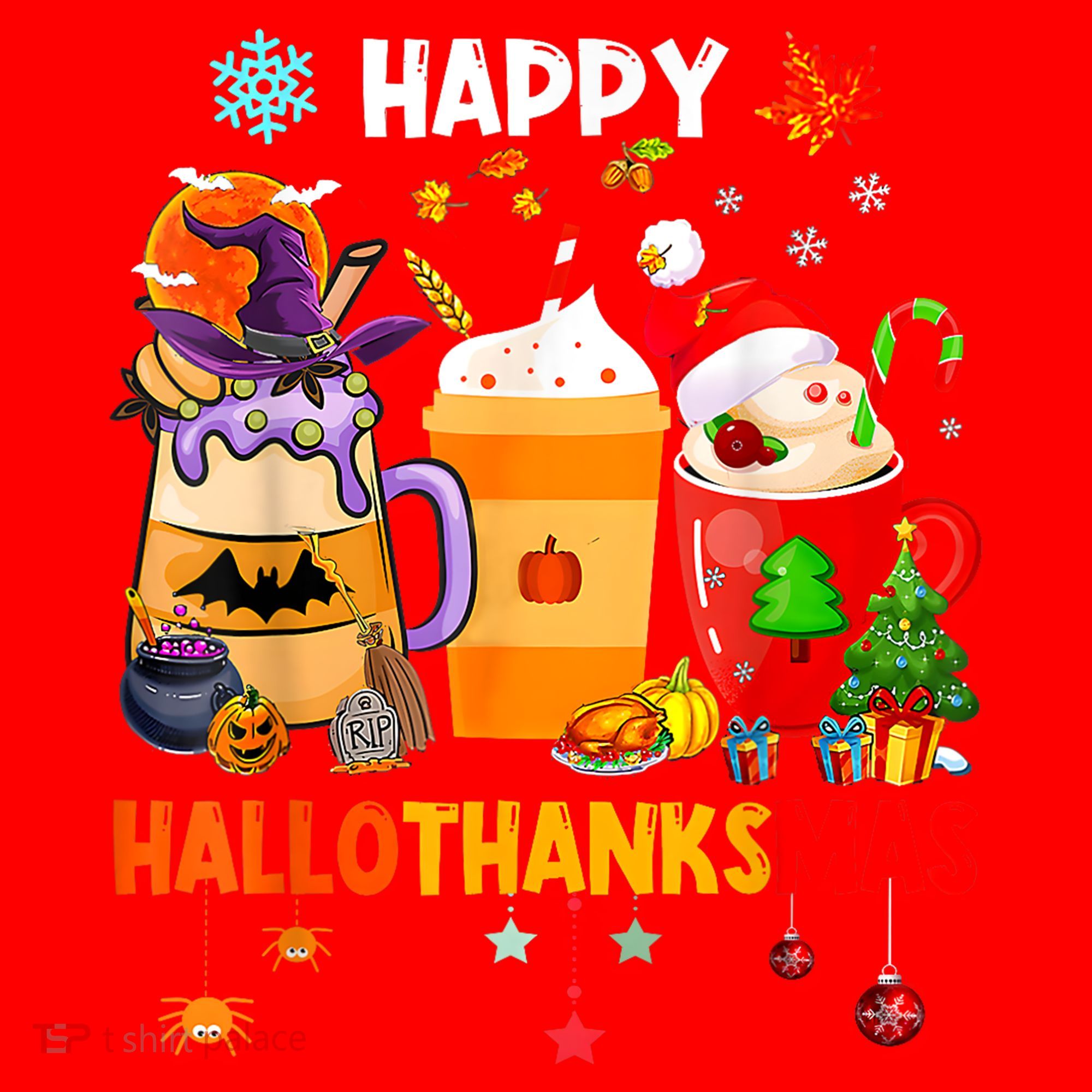 Happy Hallothanksmas Halloween Coffee Latte Thanksgiving Santa Hat