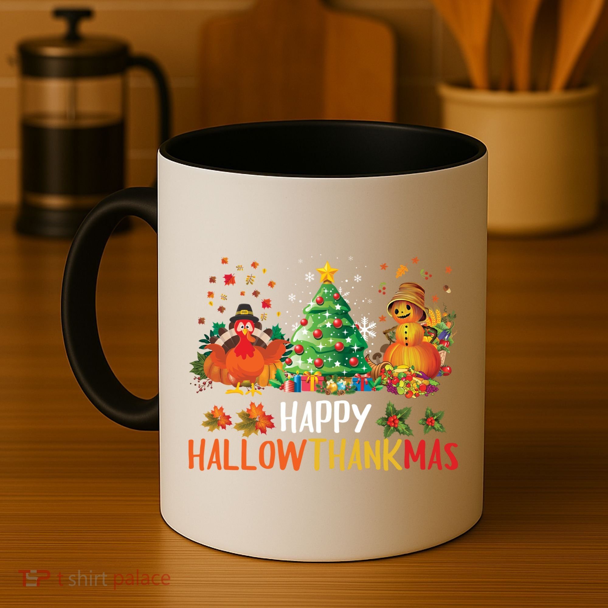 Happy Hallothanksmas Halloween Thanksgiving Merry Christmas Gift Coffee Mug