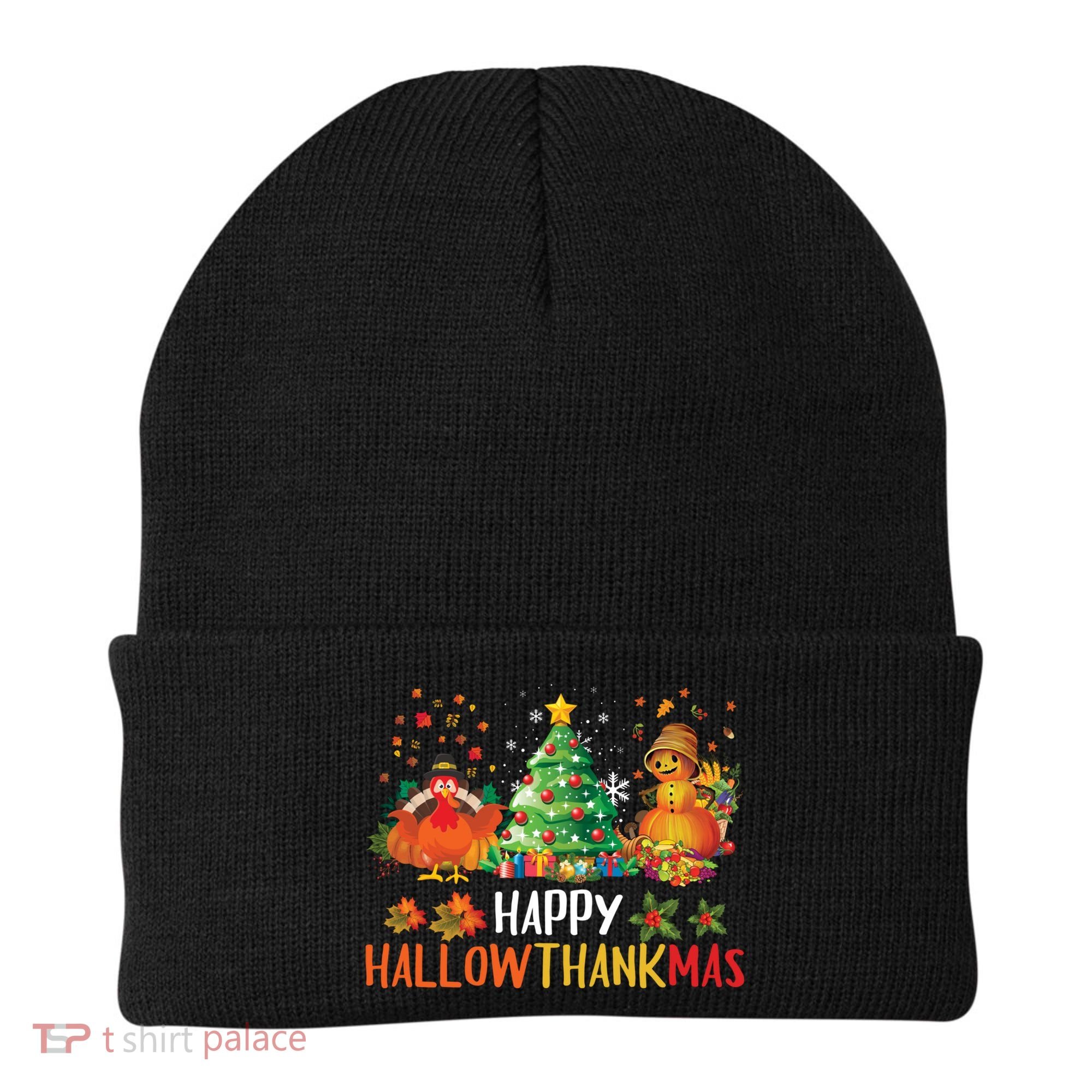 Happy Hallothanksmas Halloween Thanksgiving Merry Christmas Gift Beanie