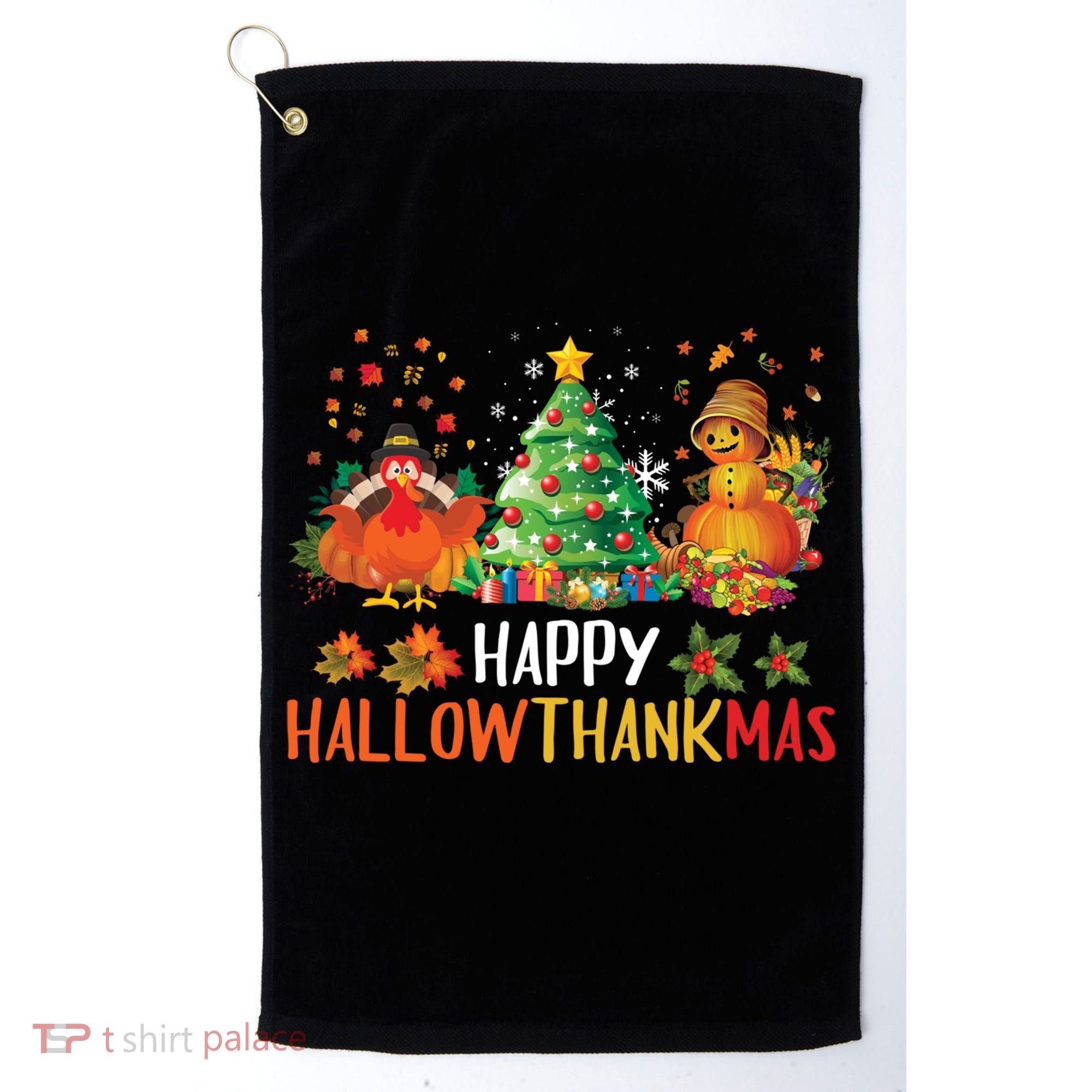 Happy Hallothanksmas Halloween Thanksgiving Merry Christmas Gift Golf Towel