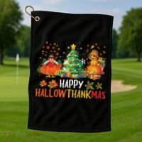 Happy Hallothanksmas Halloween Thanksgiving Merry Christmas Gift Golf Towel thumb 1