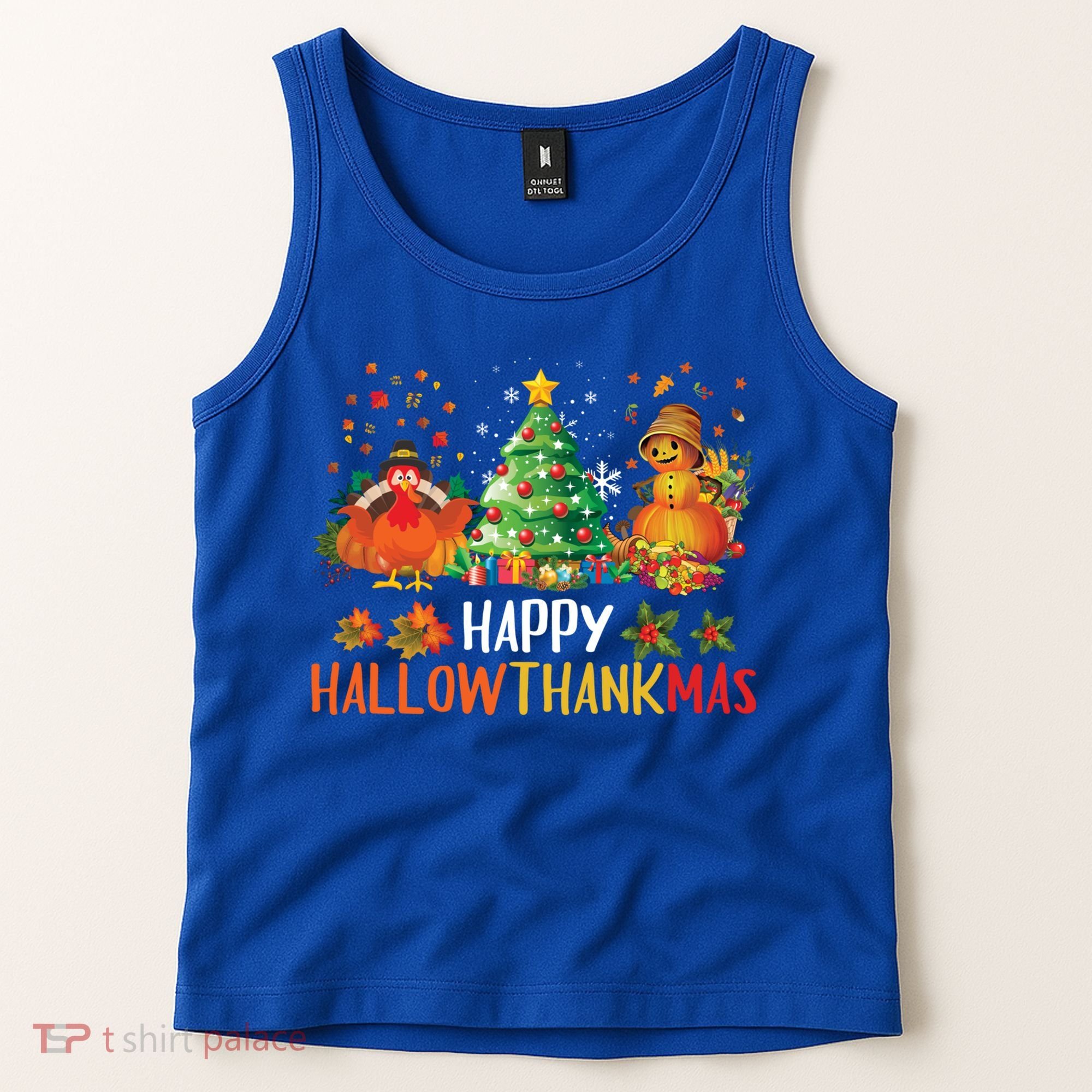 Happy Hallothanksmas Halloween Thanksgiving Merry Christmas Gift Tank Top