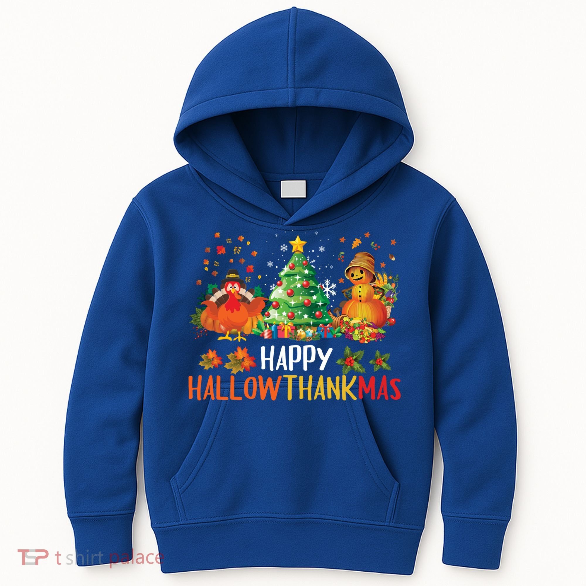Happy Hallothanksmas Halloween Thanksgiving Merry Christmas Gift Kids Hoodie
