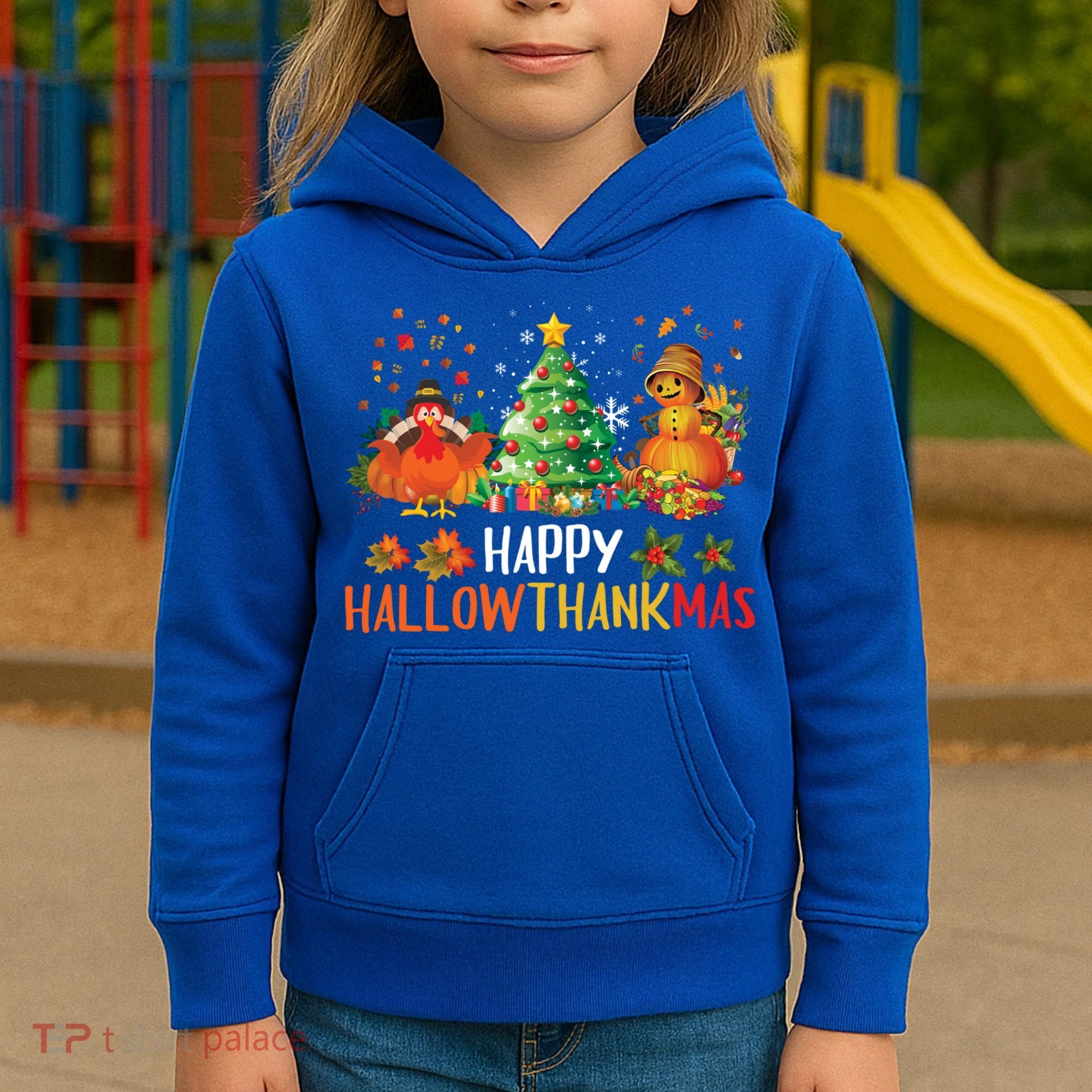 Happy Hallothanksmas Halloween Thanksgiving Merry Christmas Gift Kids Hoodie