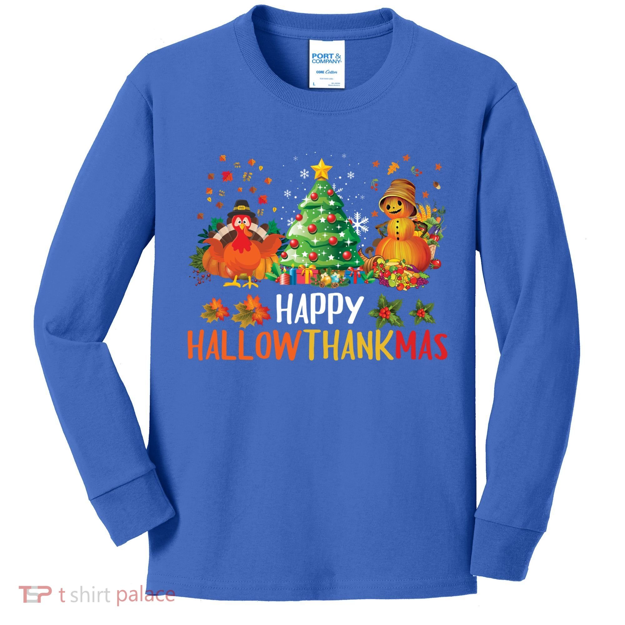 Happy Hallothanksmas Halloween Thanksgiving Merry Christmas Gift Kids Long Sleeve Shirt