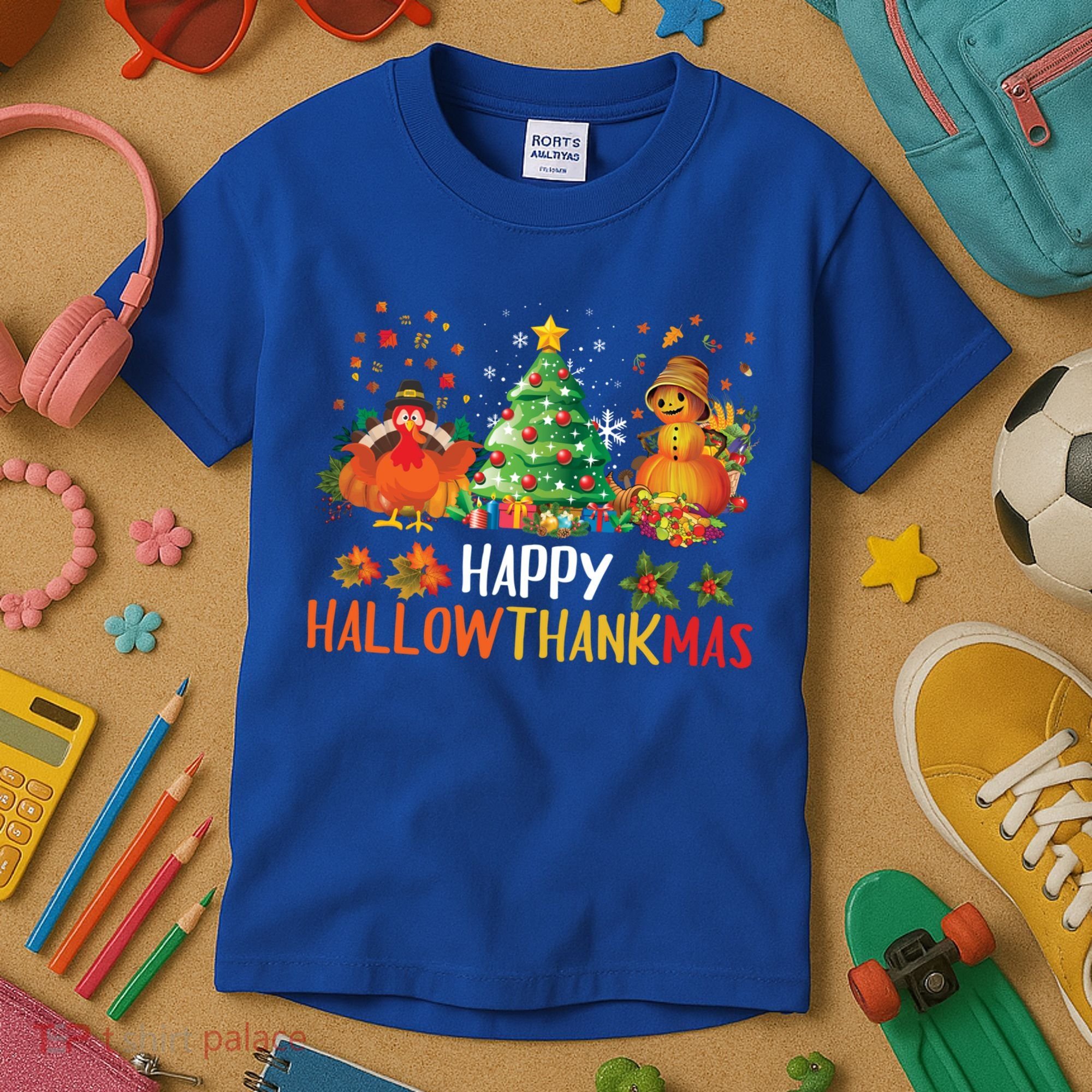 Happy Hallothanksmas Halloween Thanksgiving Merry Christmas Gift Kids T-Shirt