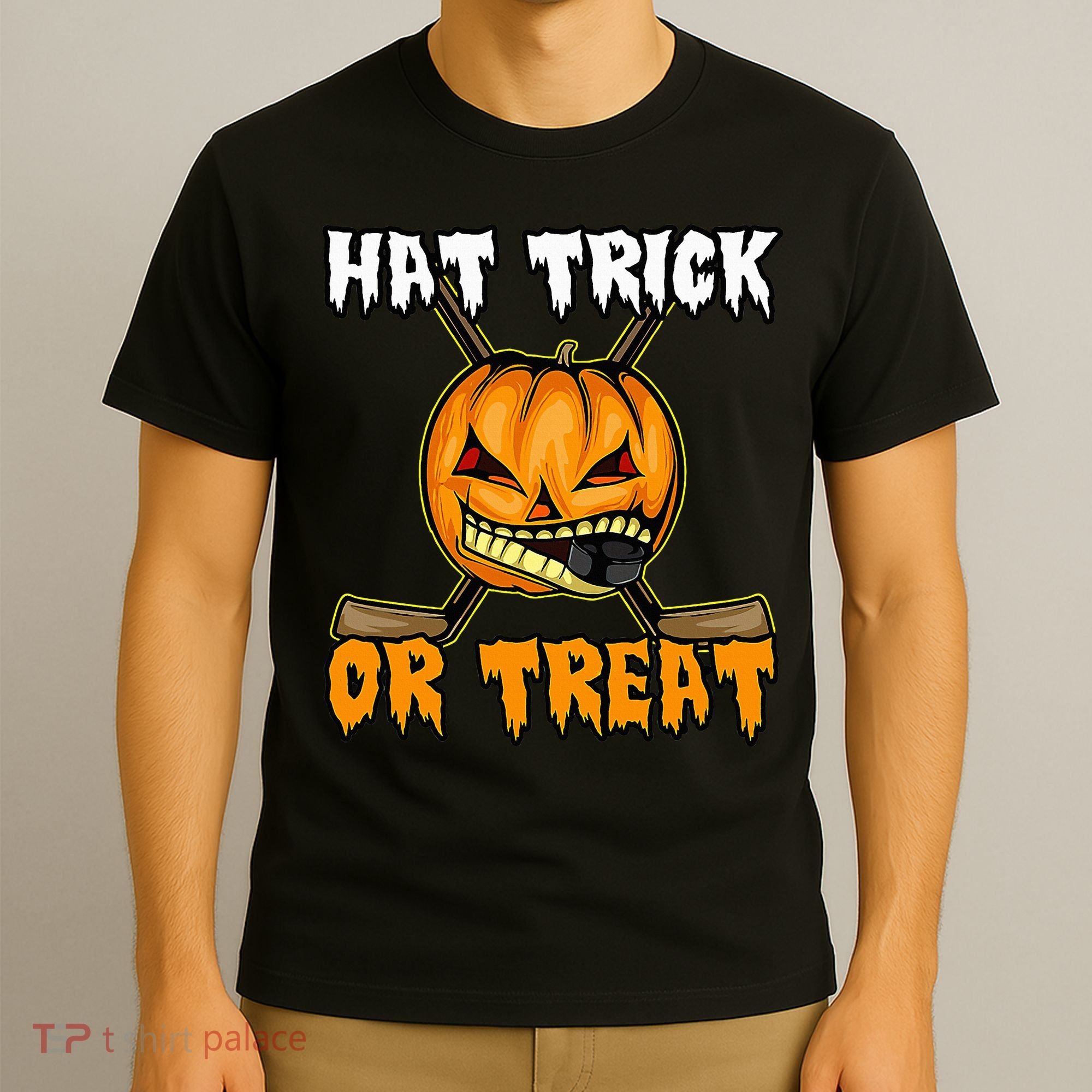 Halloween Hockey Hat Trick Or Treat Funny T-Shirt