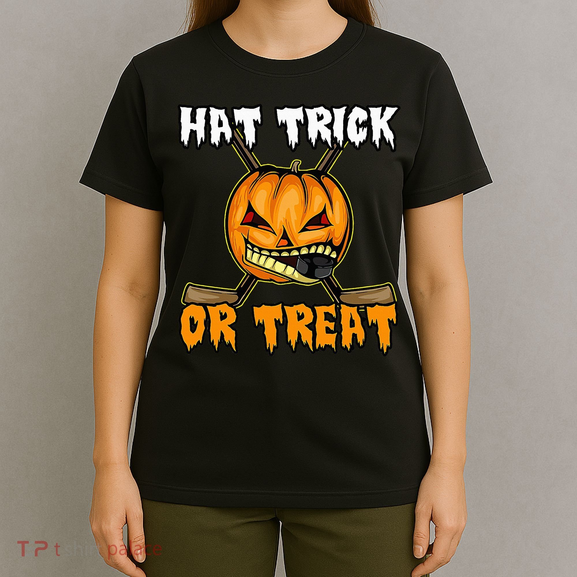 Halloween Hockey Hat Trick Or Treat Funny T-Shirt