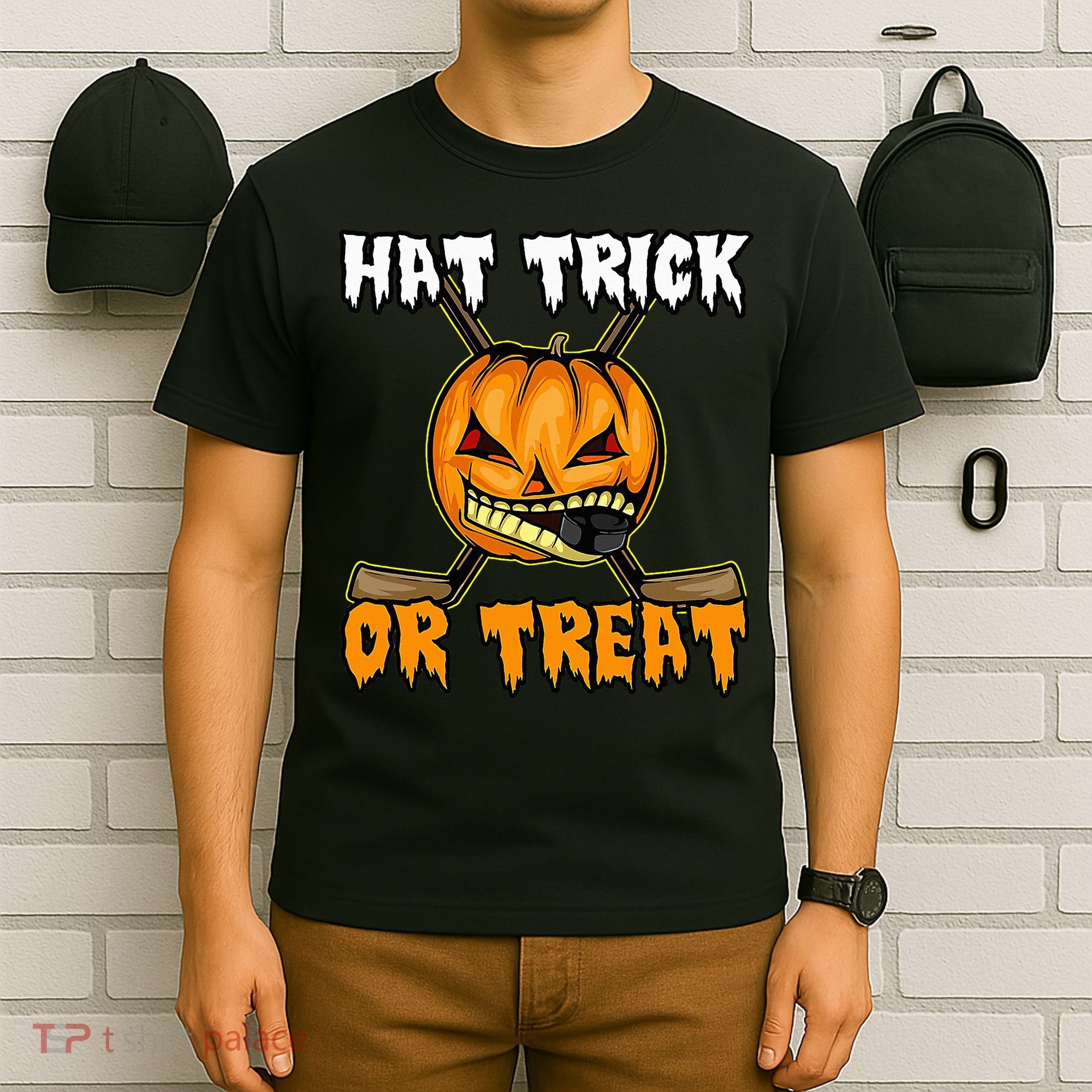 Halloween Hockey Hat Trick Or Treat Funny T-Shirt