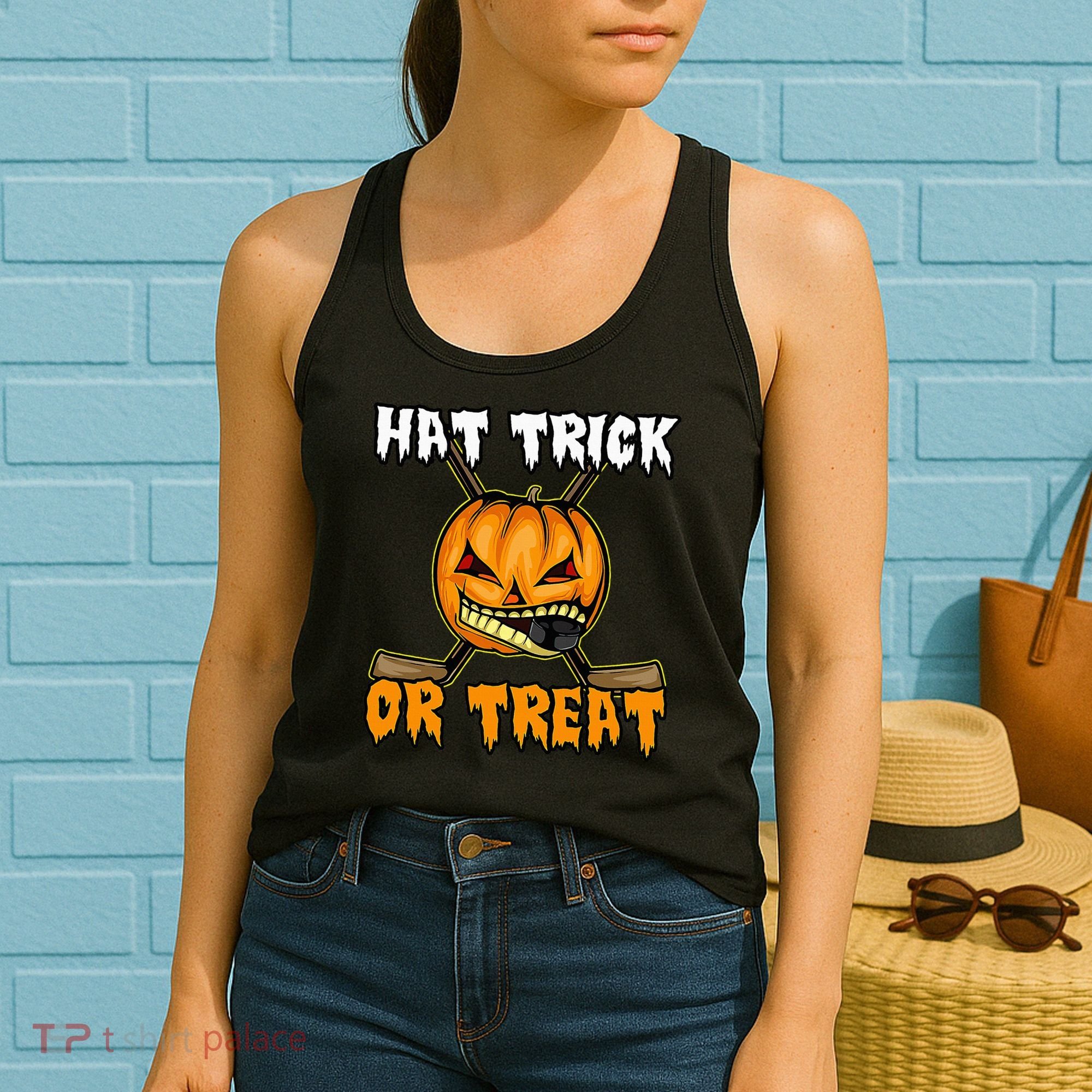 Halloween Hockey Hat Trick Or Treat Funny Women's Tank Top