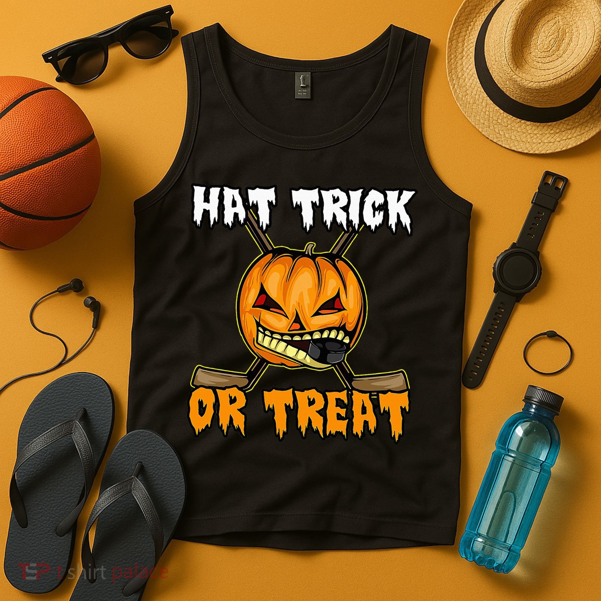 Halloween Hockey Hat Trick Or Treat Funny Tank Top