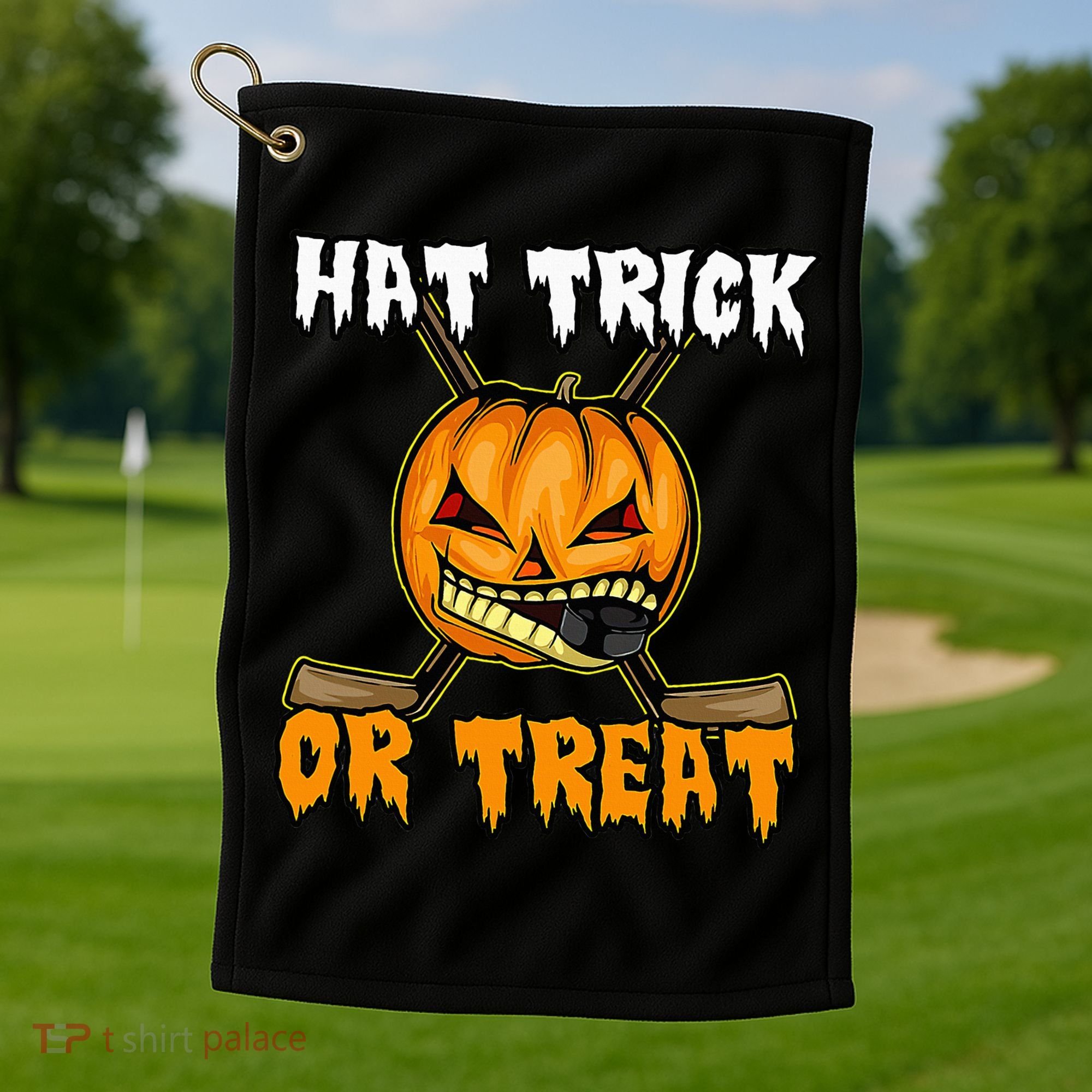 Halloween Hockey Hat Trick Or Treat Funny Golf Towel