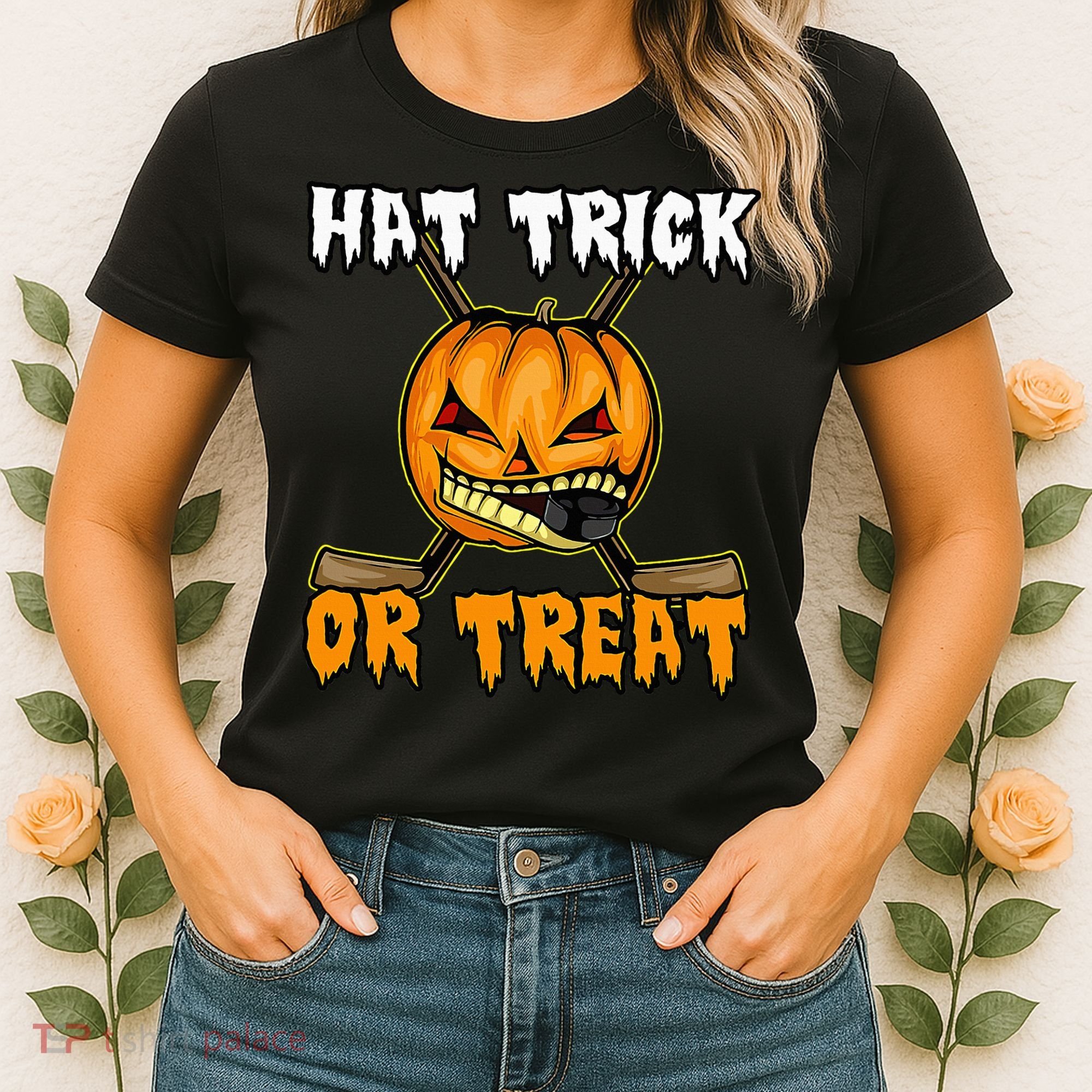 Halloween Hockey Hat Trick Or Treat Funny Women's T-Shirt