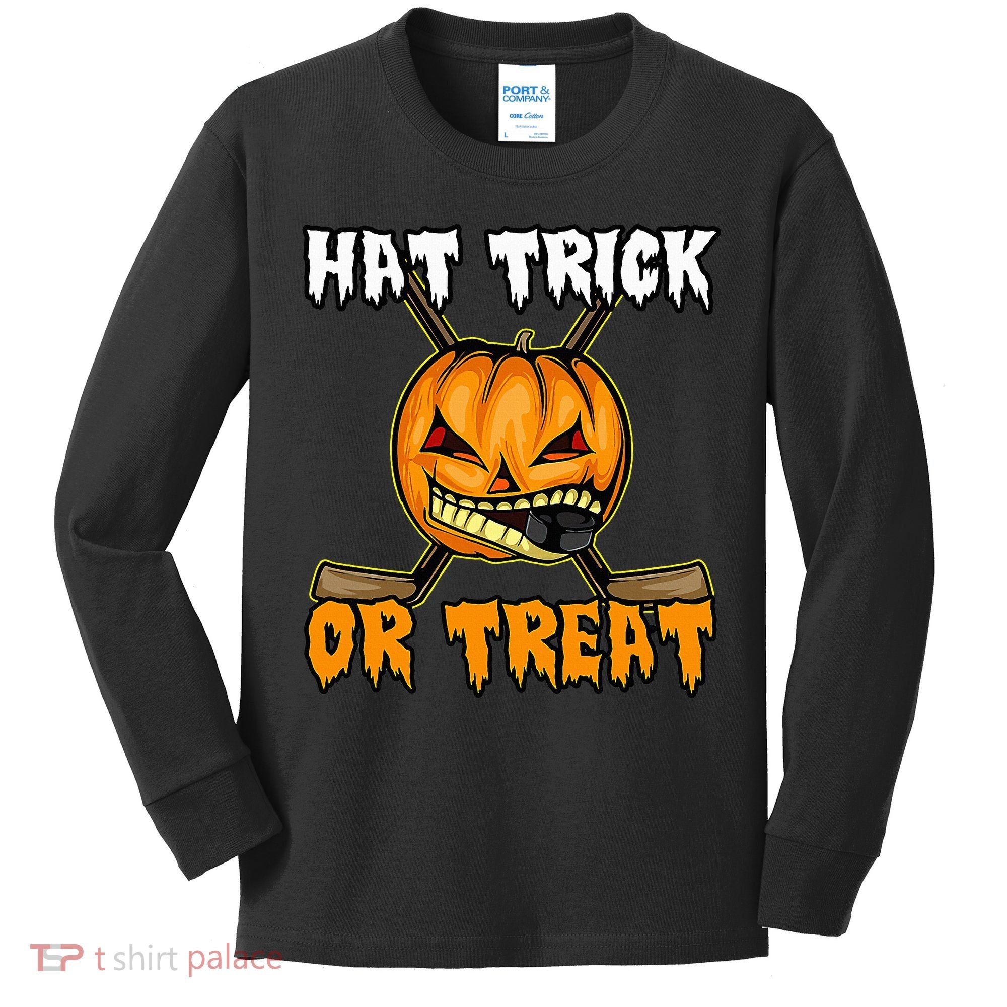 Halloween Hockey Hat Trick Or Treat Funny Kids Long Sleeve Shirt