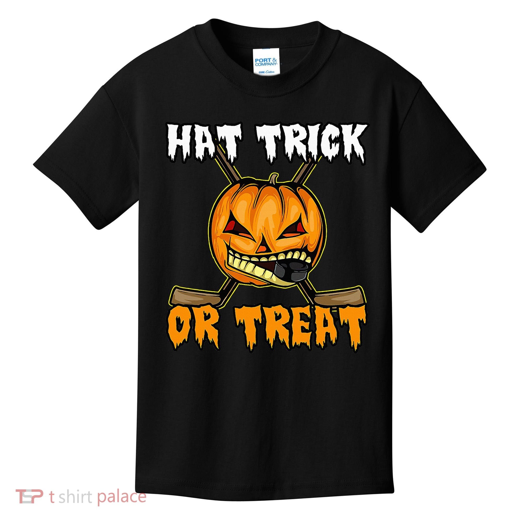 Halloween Hockey Hat Trick Or Treat Funny Kids T-Shirt