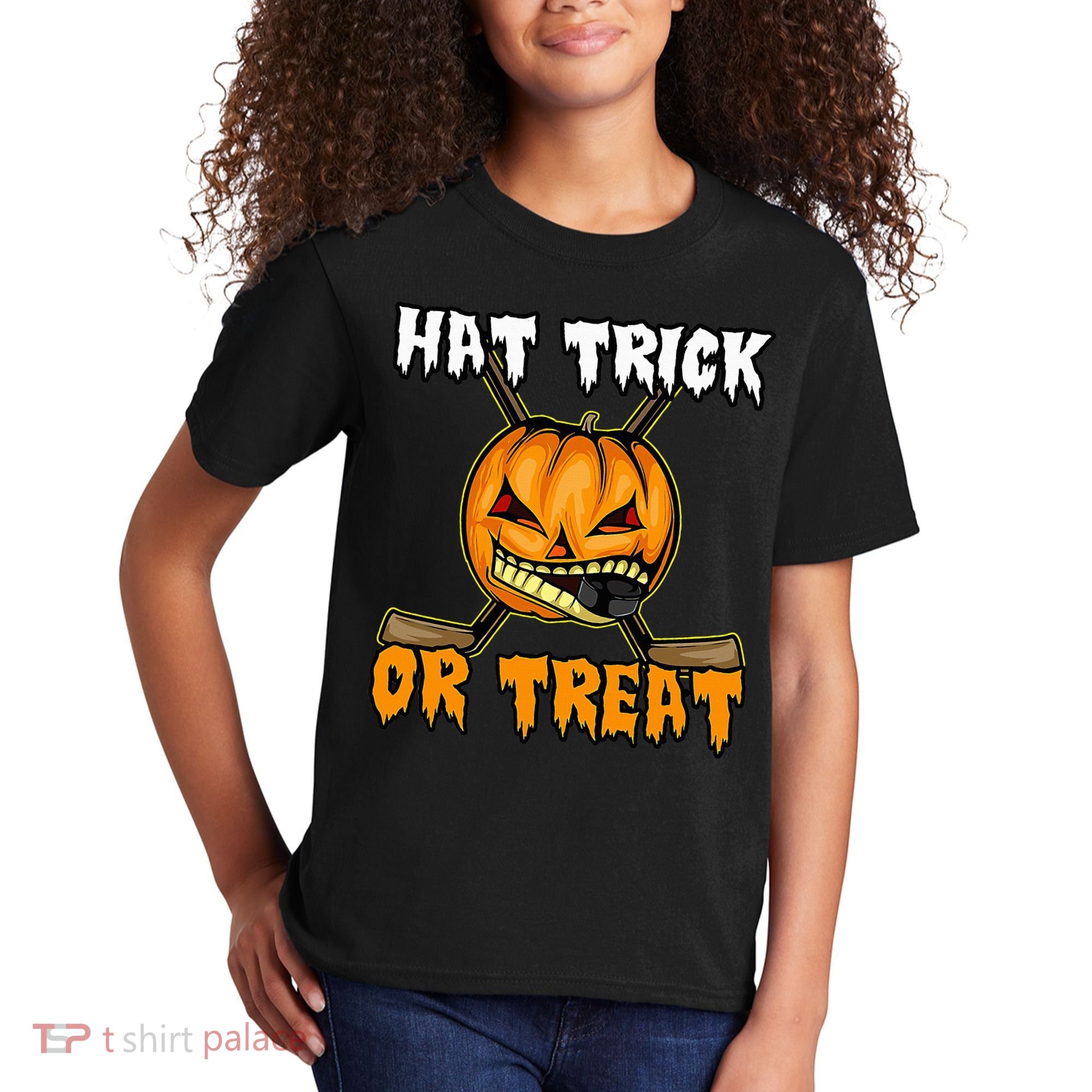 Halloween Hockey Hat Trick Or Treat Funny Kids T-Shirt