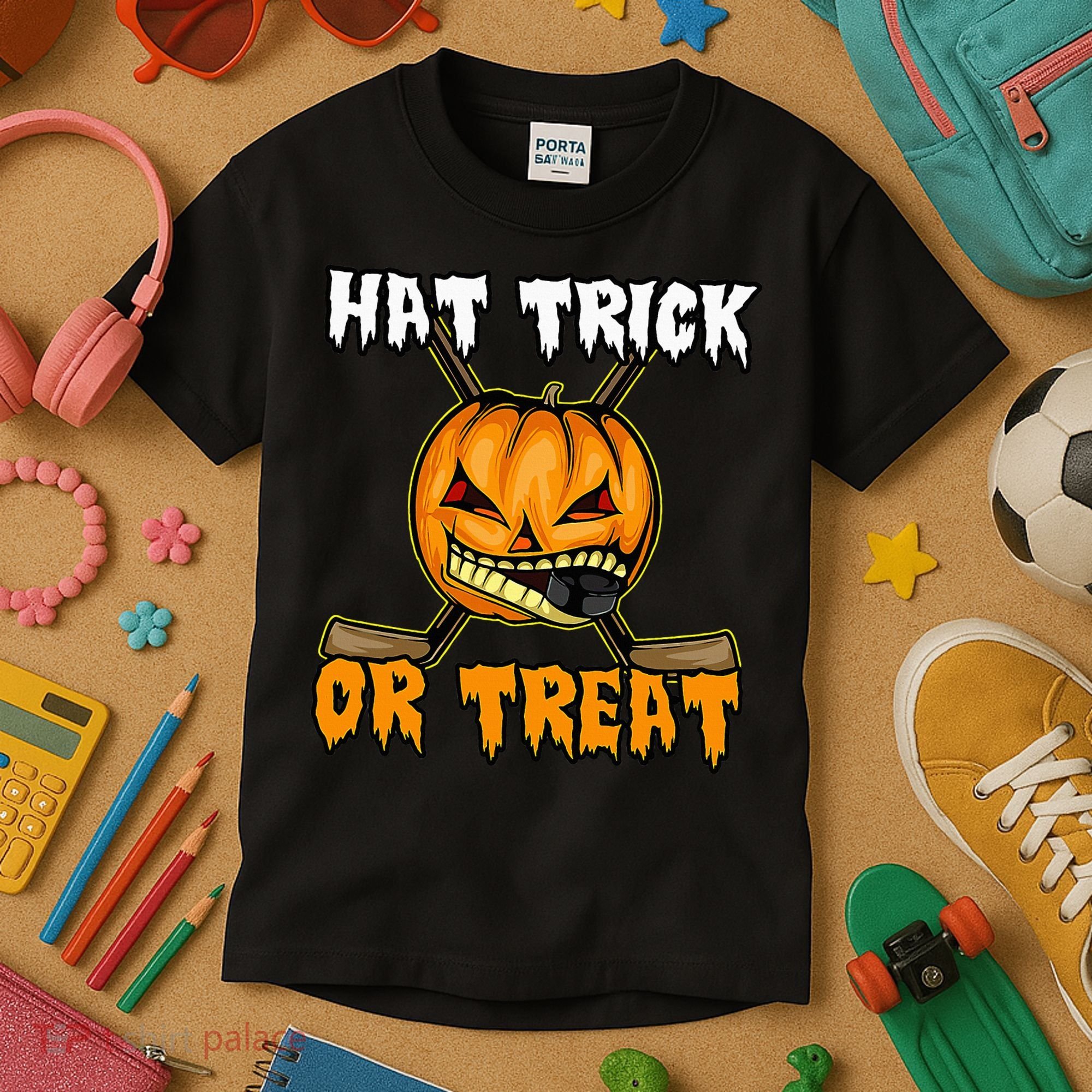 Halloween Hockey Hat Trick Or Treat Funny Kids T-Shirt