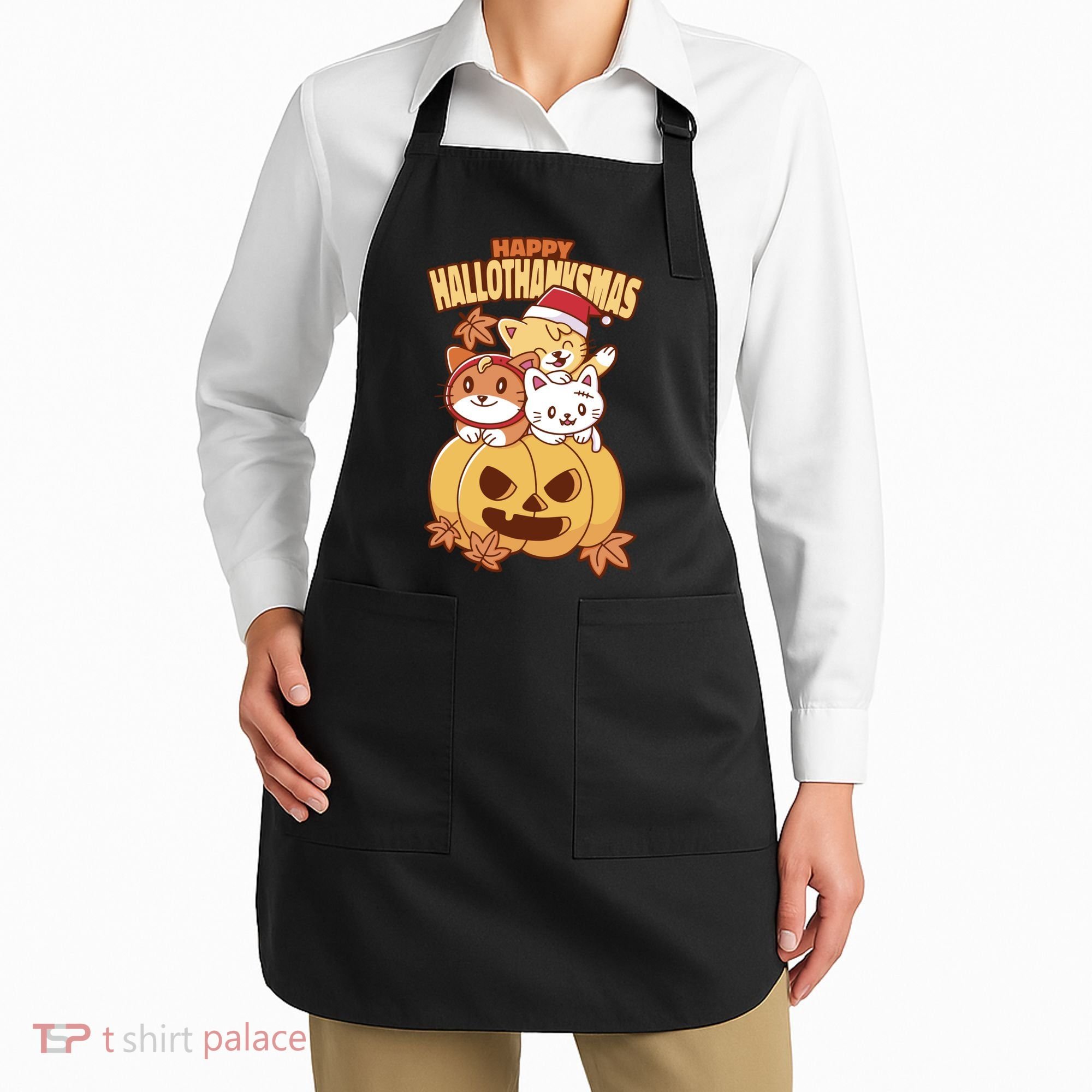 Happy Hallothanksmas Holiday Cats Apron