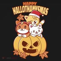 Happy Hallothanksmas Holiday Cats Button thumb 1
