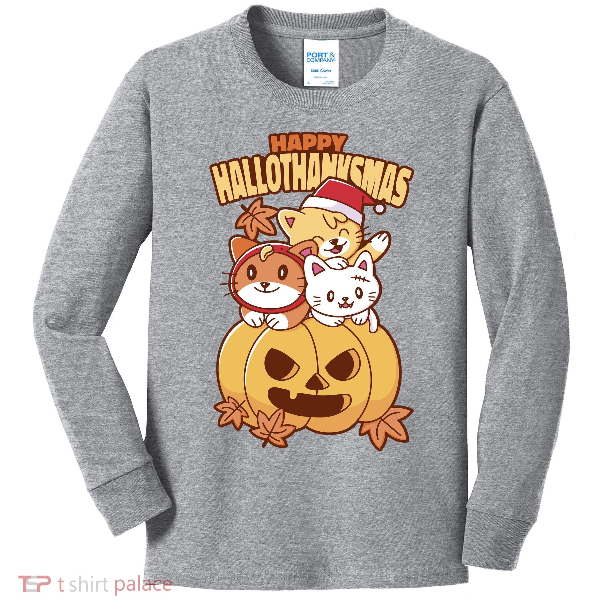 Happy Hallothanksmas Holiday Cats Kids Long Sleeve Shirt