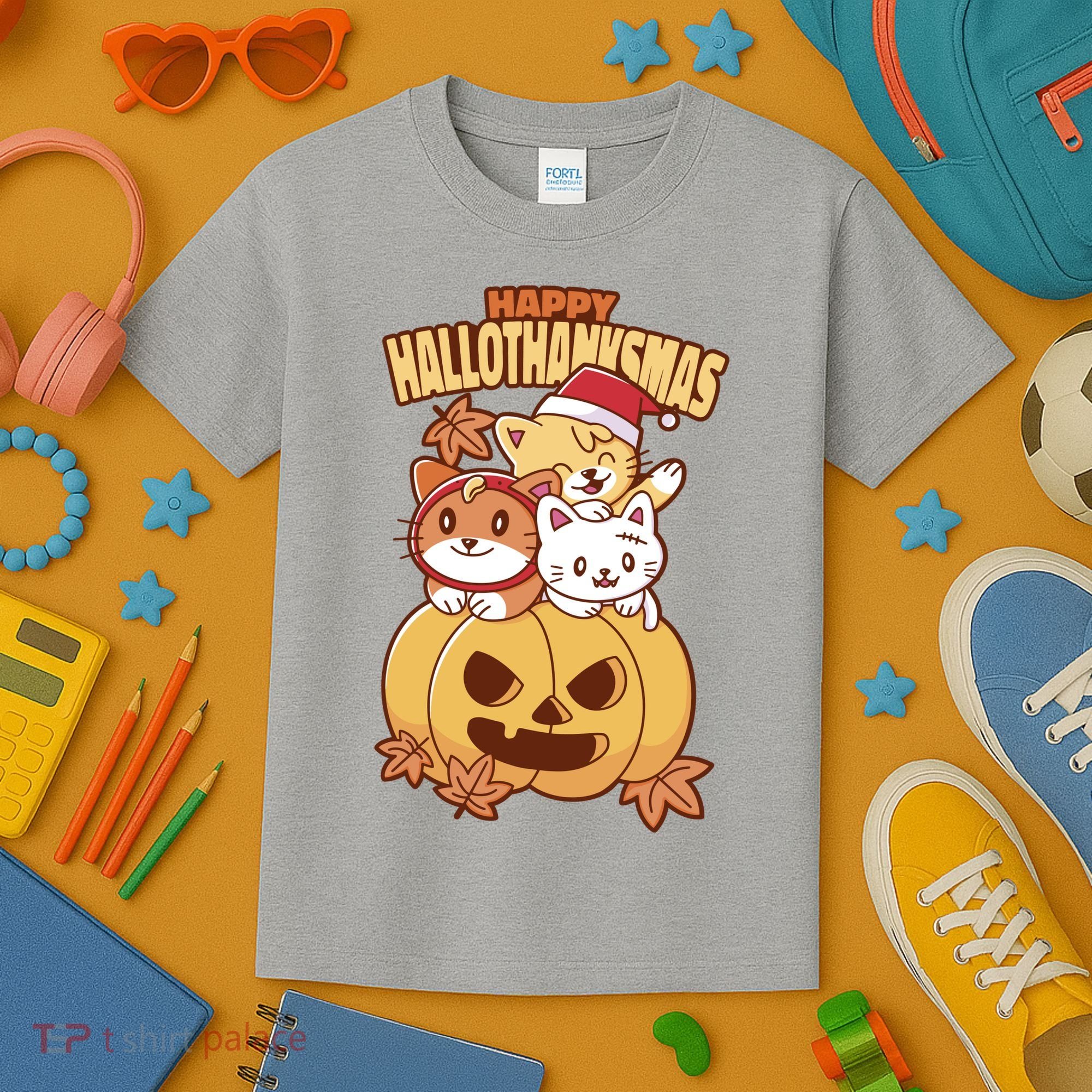 Happy Hallothanksmas Holiday Cats Kids T-Shirt