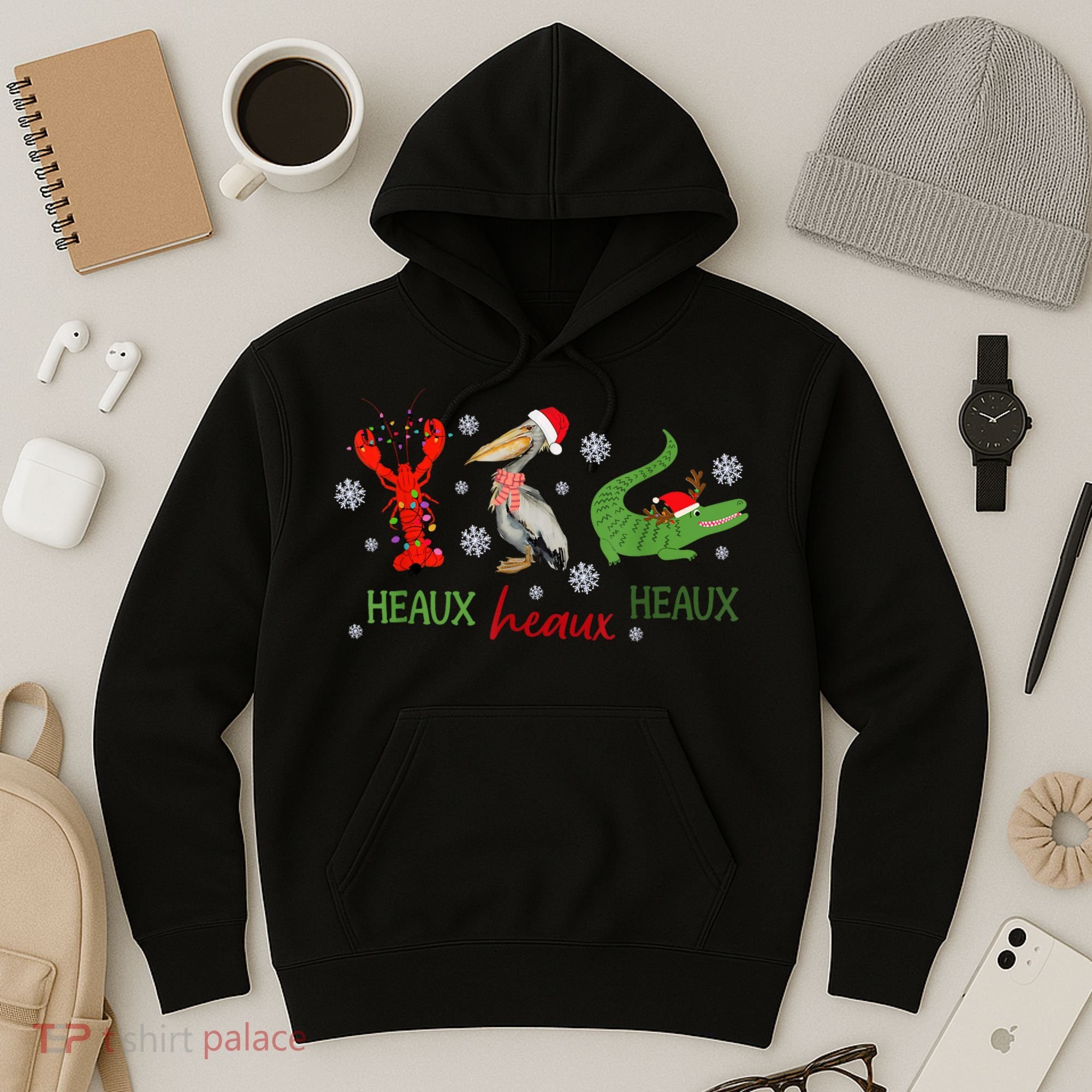 Heaux Heaux Heaux Cajun Christmas Crawfish Pelican Alligator Hoodie