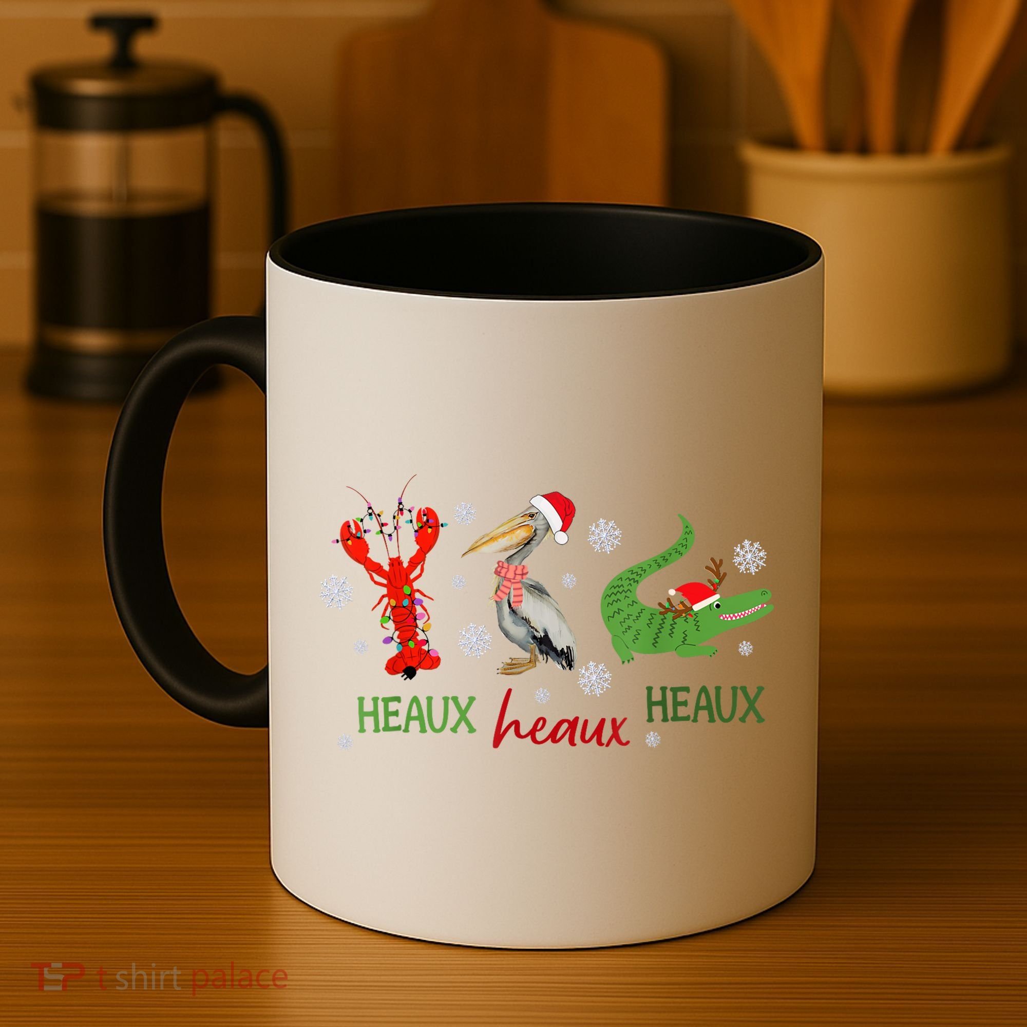 Heaux Heaux Heaux Cajun Christmas Crawfish Pelican Alligator Coffee Mug