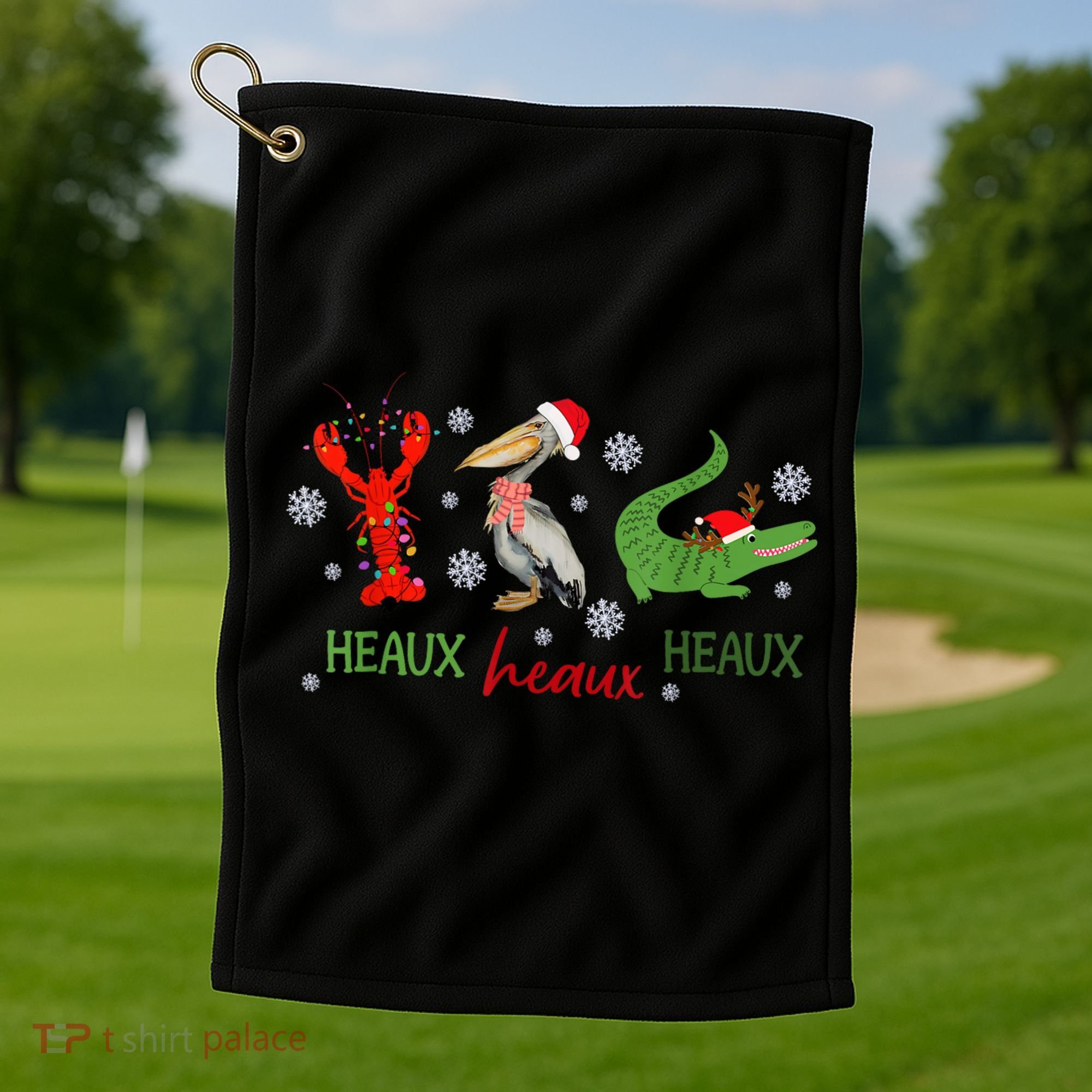Heaux Heaux Heaux Cajun Christmas Crawfish Pelican Alligator Golf Towel