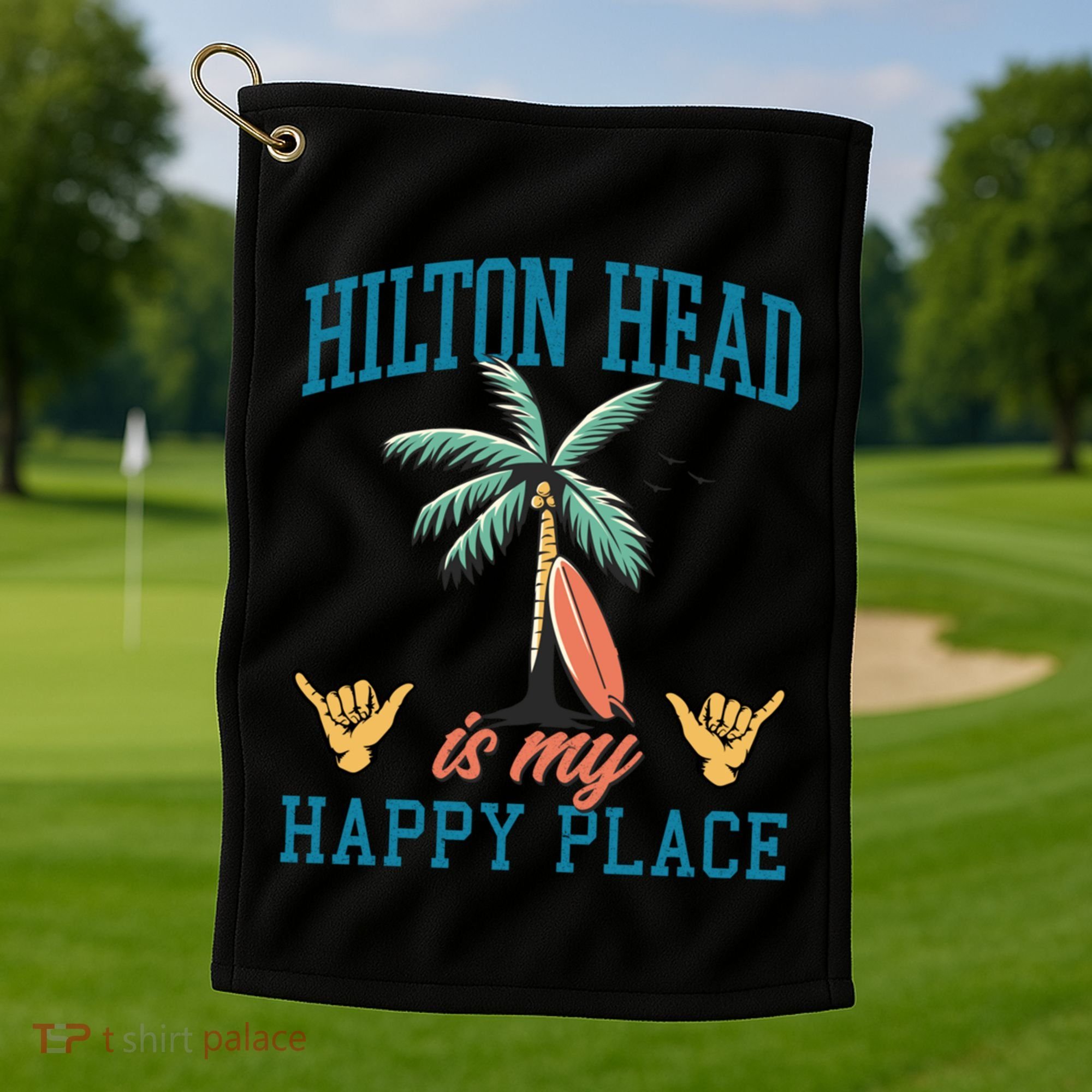 Hilton Head Is My Happy Place Retro Beach Palm Trees Summer Great Gift Golf Towel