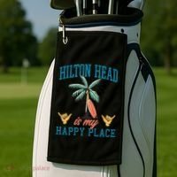 Hilton Head Is My Happy Place Retro Beach Palm Trees Summer Great Gift Golf Towel thumb 2