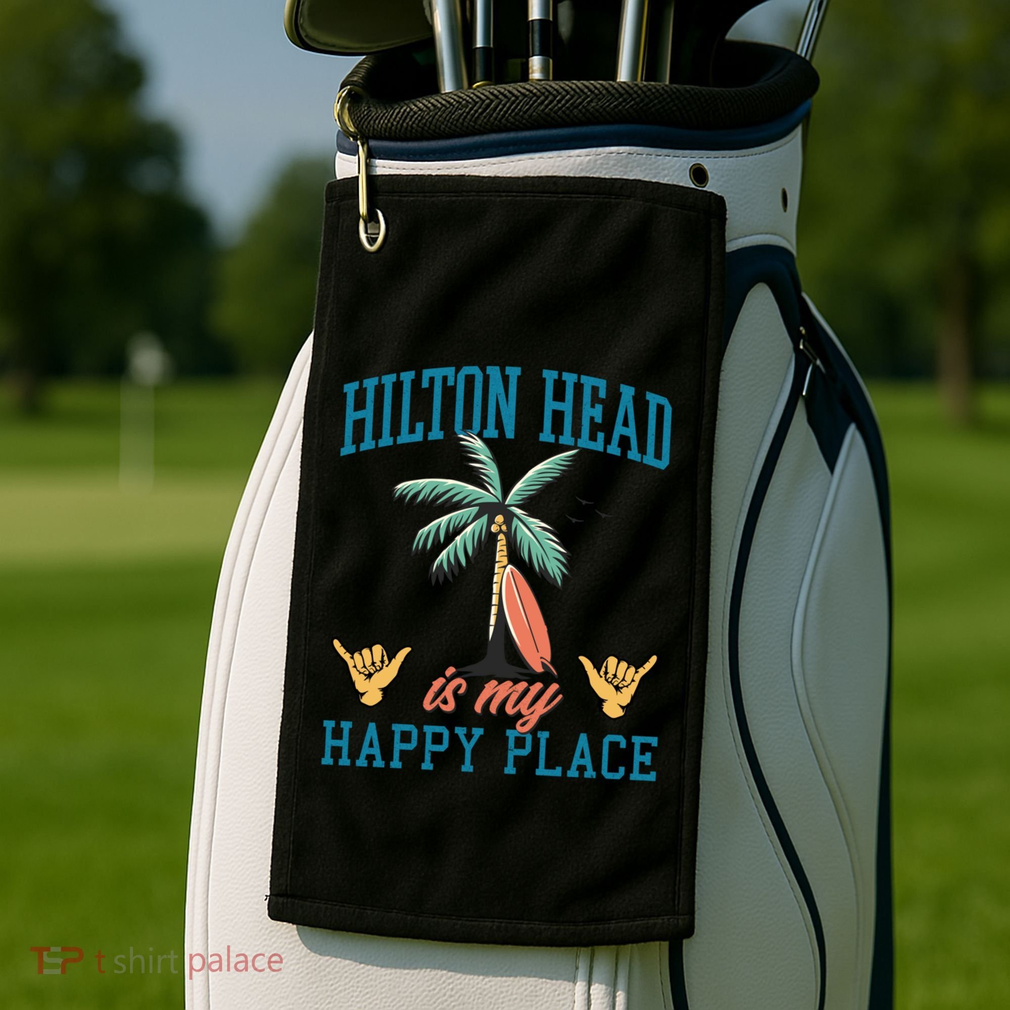 Hilton Head Is My Happy Place Retro Beach Palm Trees Summer Great Gift Golf Towel