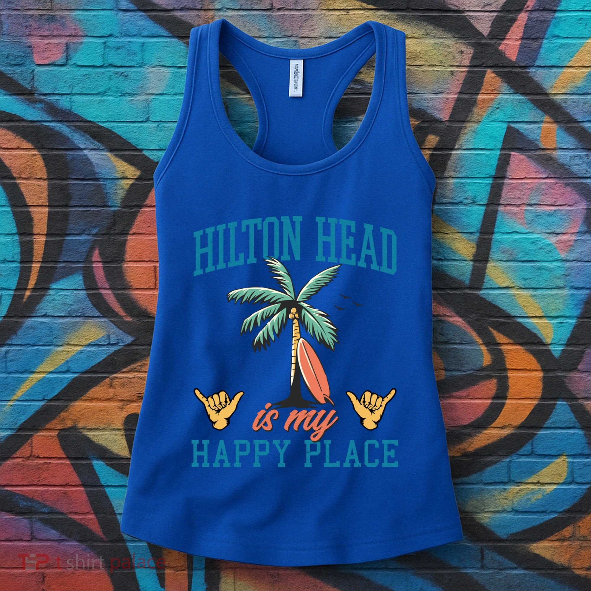 Hilton Head Is My Happy Place Retro Beach Palm Trees Summer Great Gift Women's Tank Top
