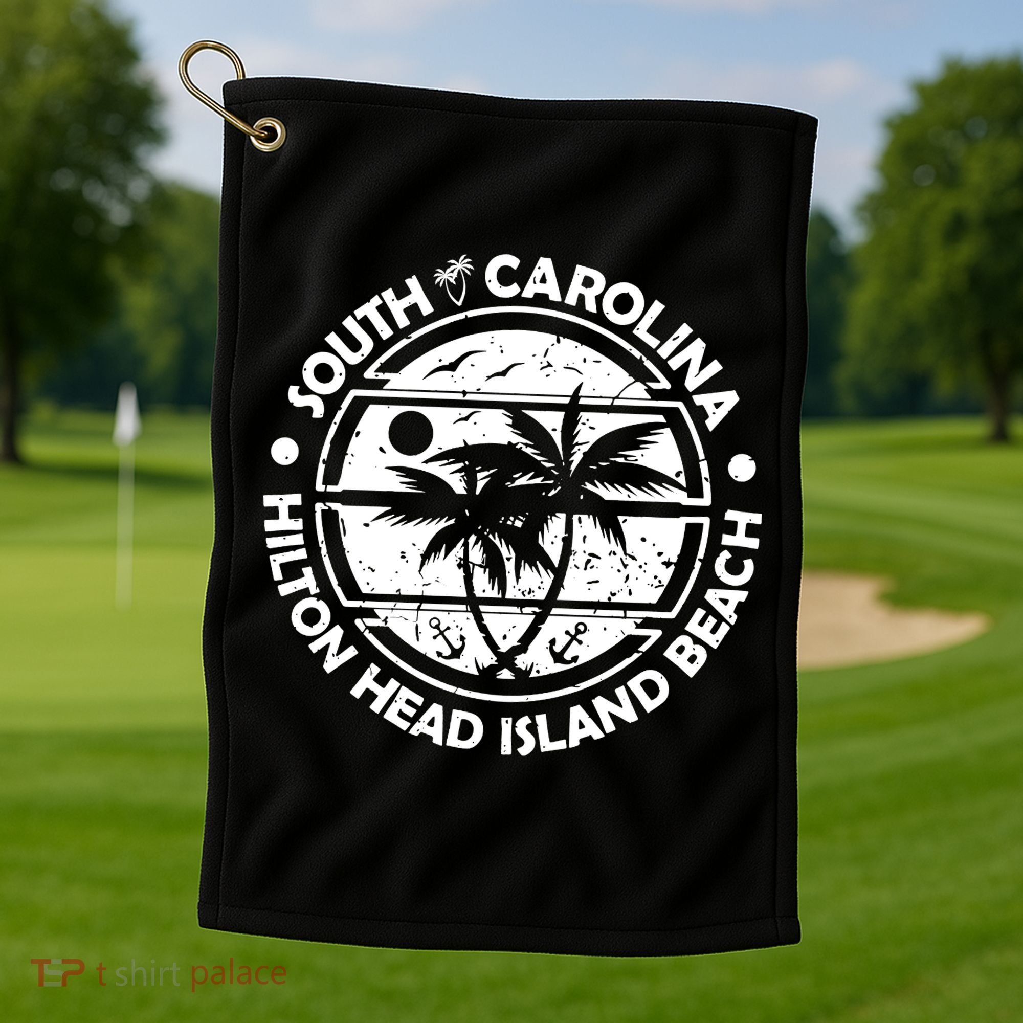 Hilton Head Island Beach South Carolina, Tropical Palm Trees, Ship Anchor Golf Towel