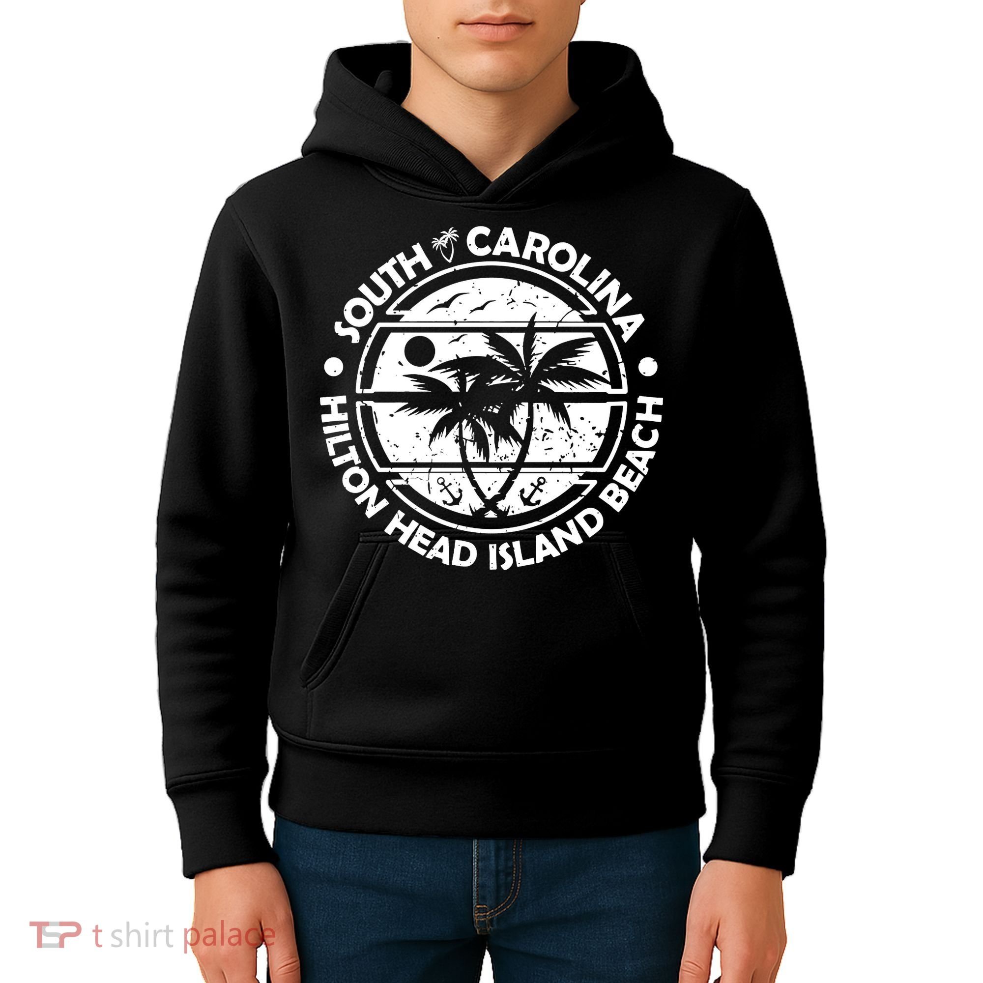 Hilton Head Island Beach South Carolina, Tropical Palm Trees, Ship Anchor Kids Hoodie