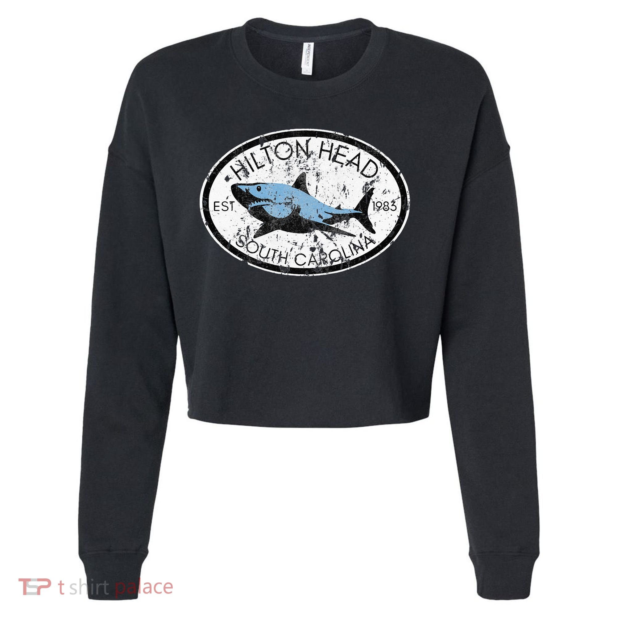 Hilton Head Island South Carolina Fishing Shark Fish Beach Cropped Pullover Crew