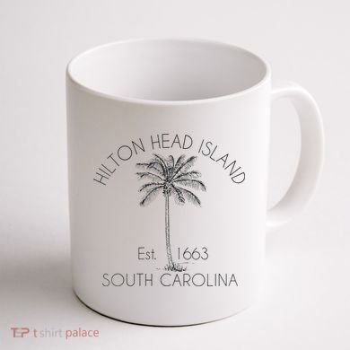 Hilton Head Island Beach Design Palm Tree Illustration Coffee Mug back
