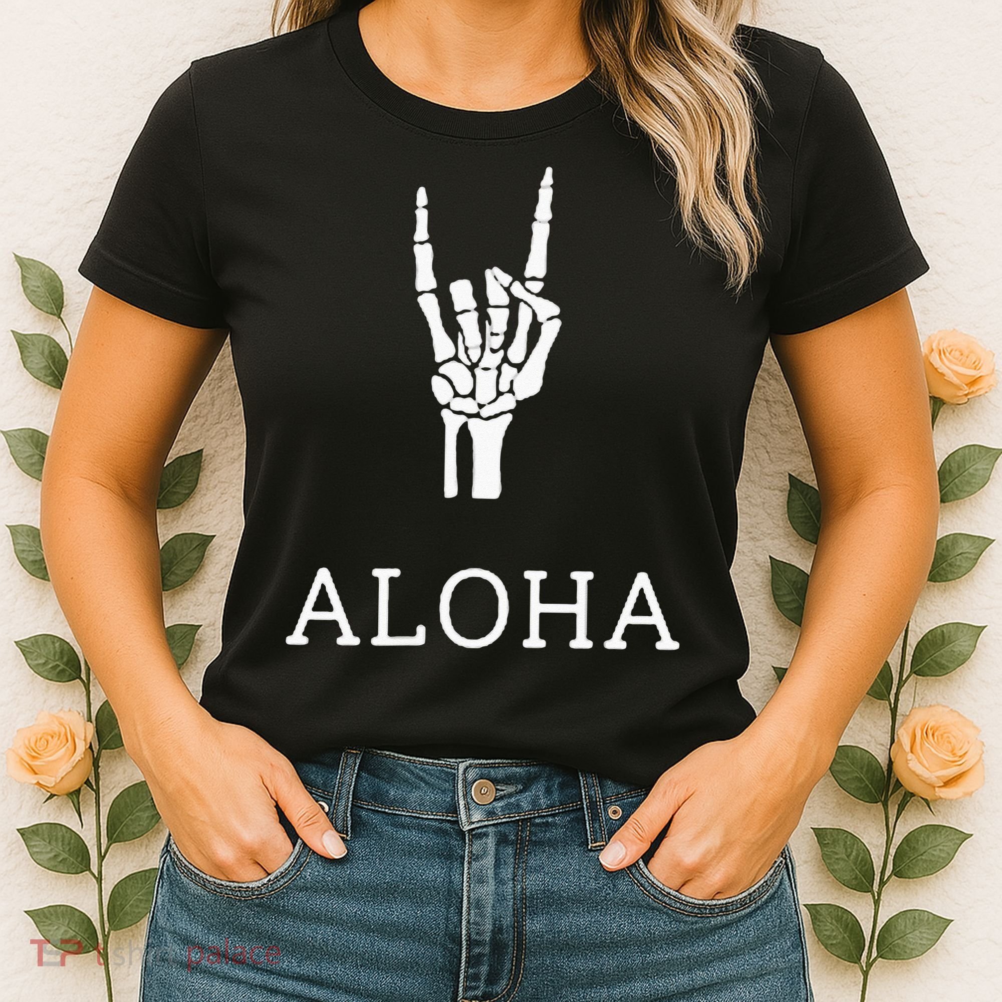 Halloween Hang Loose Skeleton Shaka Aloha – Over Left Breast Women's T-Shirt