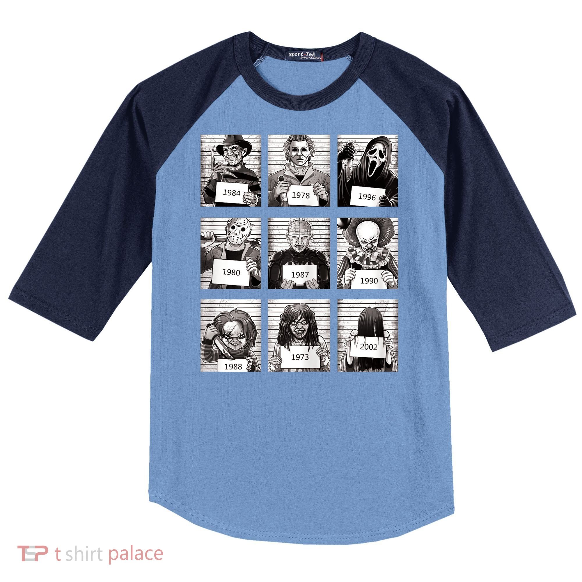Halloween Horror Legends Killer Mugshots Creepy Fan Raglan Baseball Sleeve Shirt